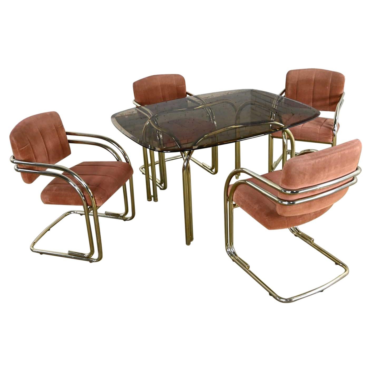 Double Tube Brass Plate Cantilever Chairs Smoked Glass Top Table by Douglas Furn