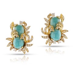 Double Turquoise Cabochon and Diamond Leaf Earrings, 18k