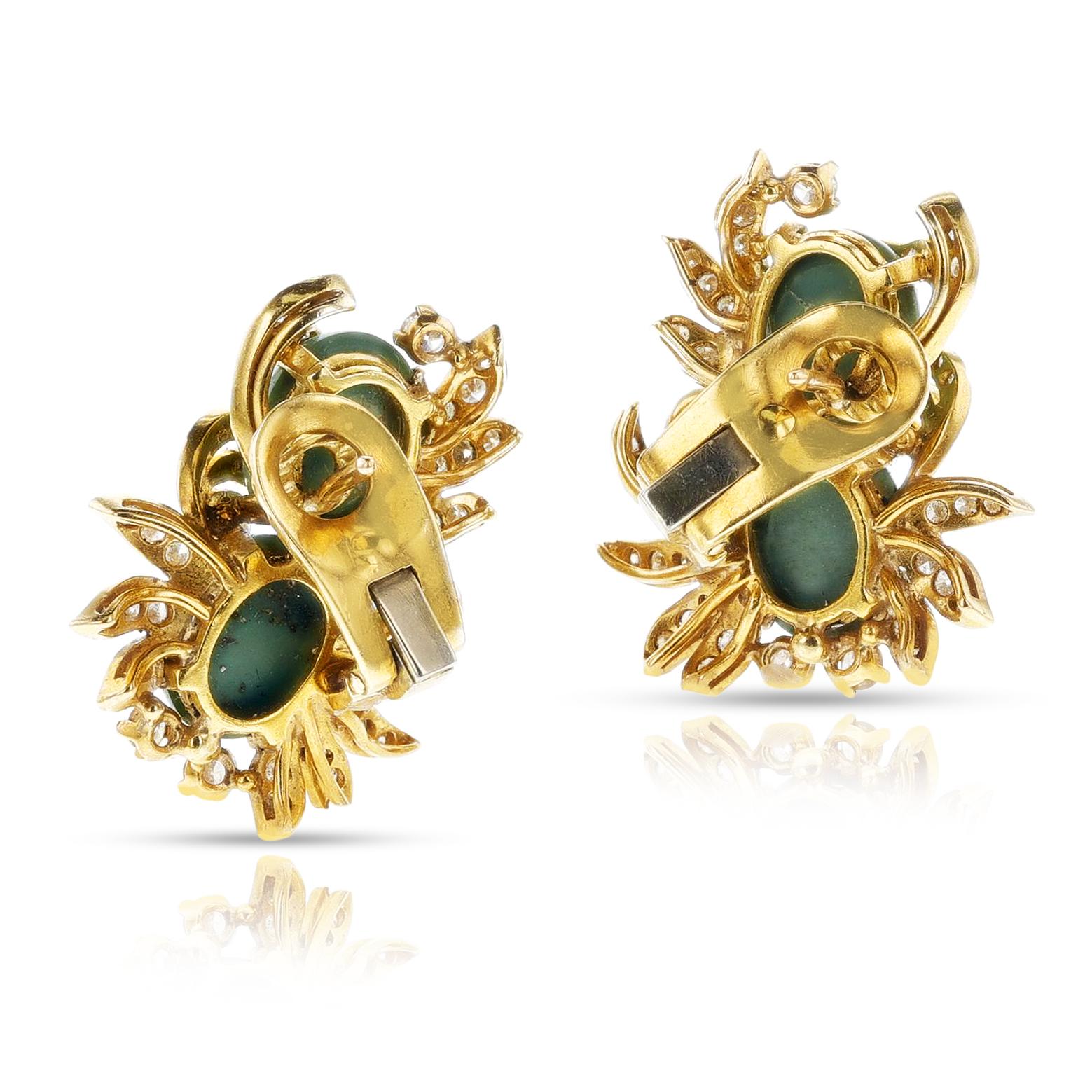 Femenino o masculino Pendientes Doble Cabujón de Turquesa y Hoja de Diamantes, 18k en venta