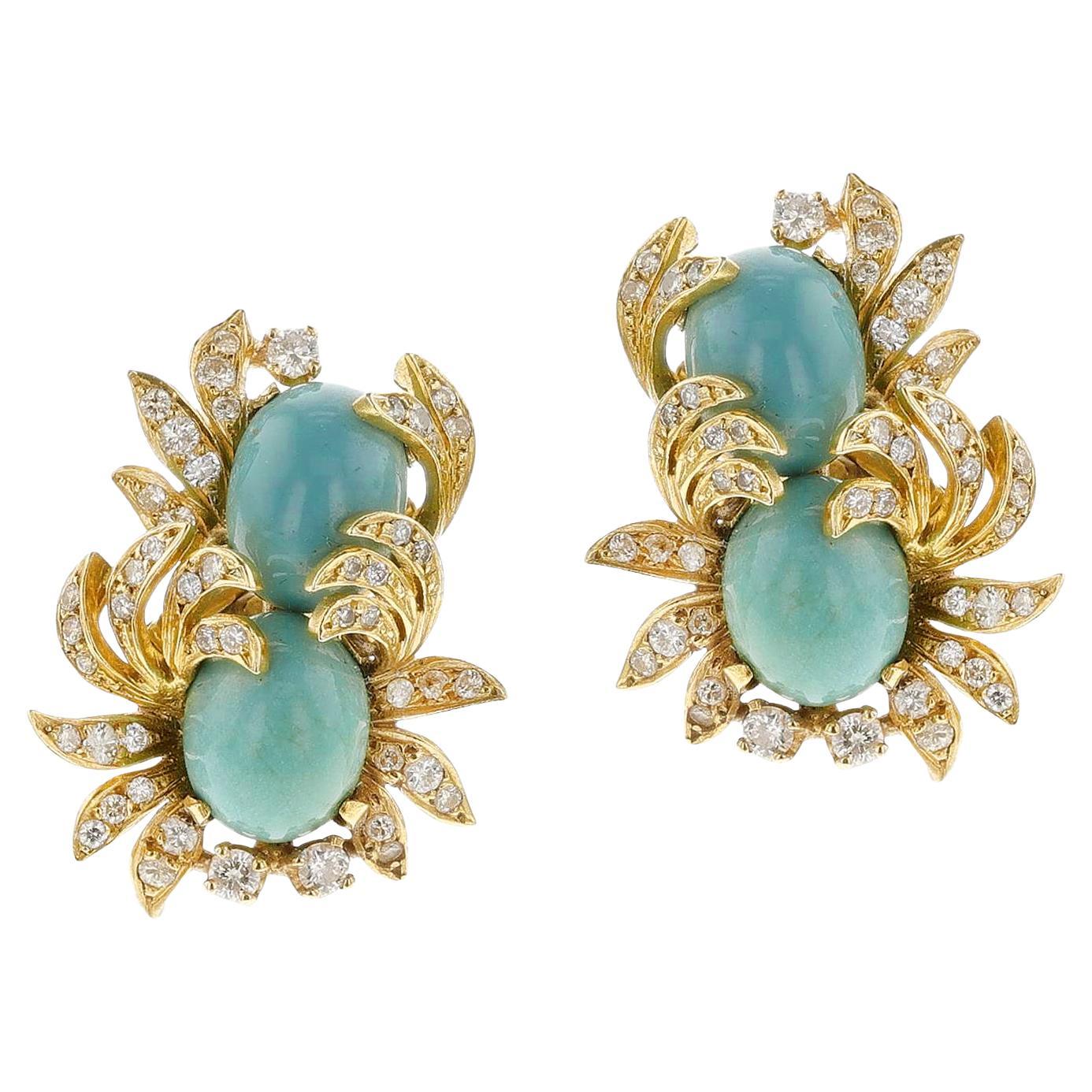Pendientes Doble Cabujón de Turquesa y Hoja de Diamantes, 18k