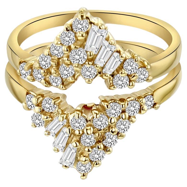 Double "V" Baguette Diamond Ring Guard .75cttw 14k Yellow Gold For Sale