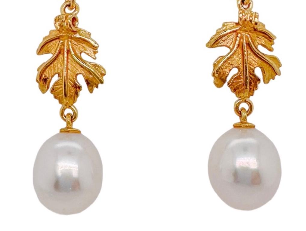 Pear Cut Double Vine Leaf Earrings - 18ct yellow gold with South Sea pearl drop For Sale
