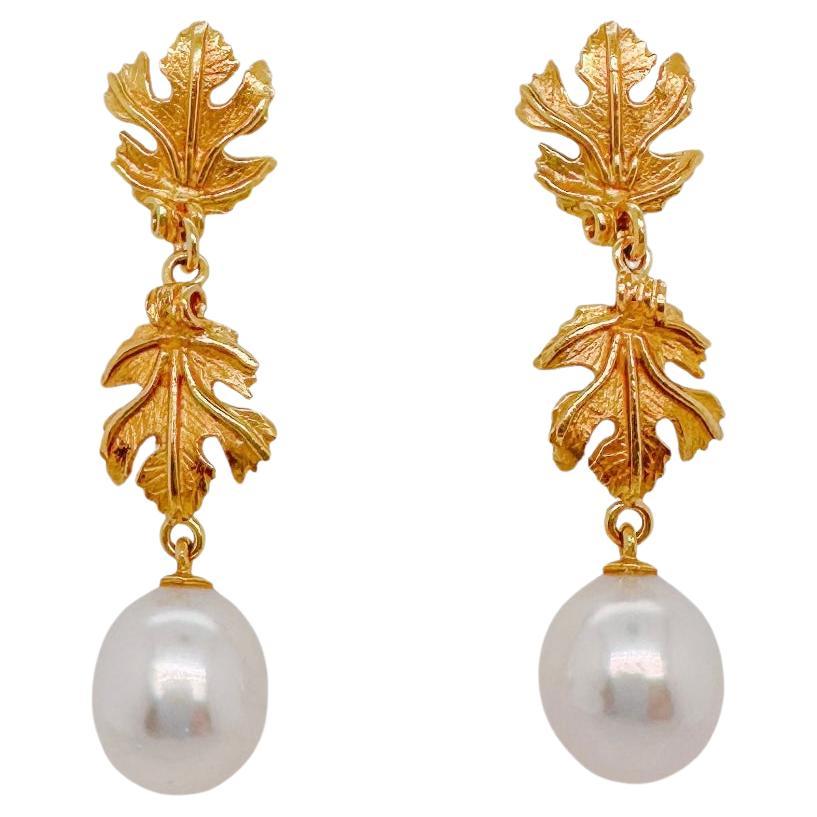 Double Vine Leaf Earrings - 18ct yellow gold with South Sea pearl drop For Sale