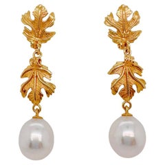 Double Vine Leaf Earrings - 18ct yellow gold with South Sea pearl drop