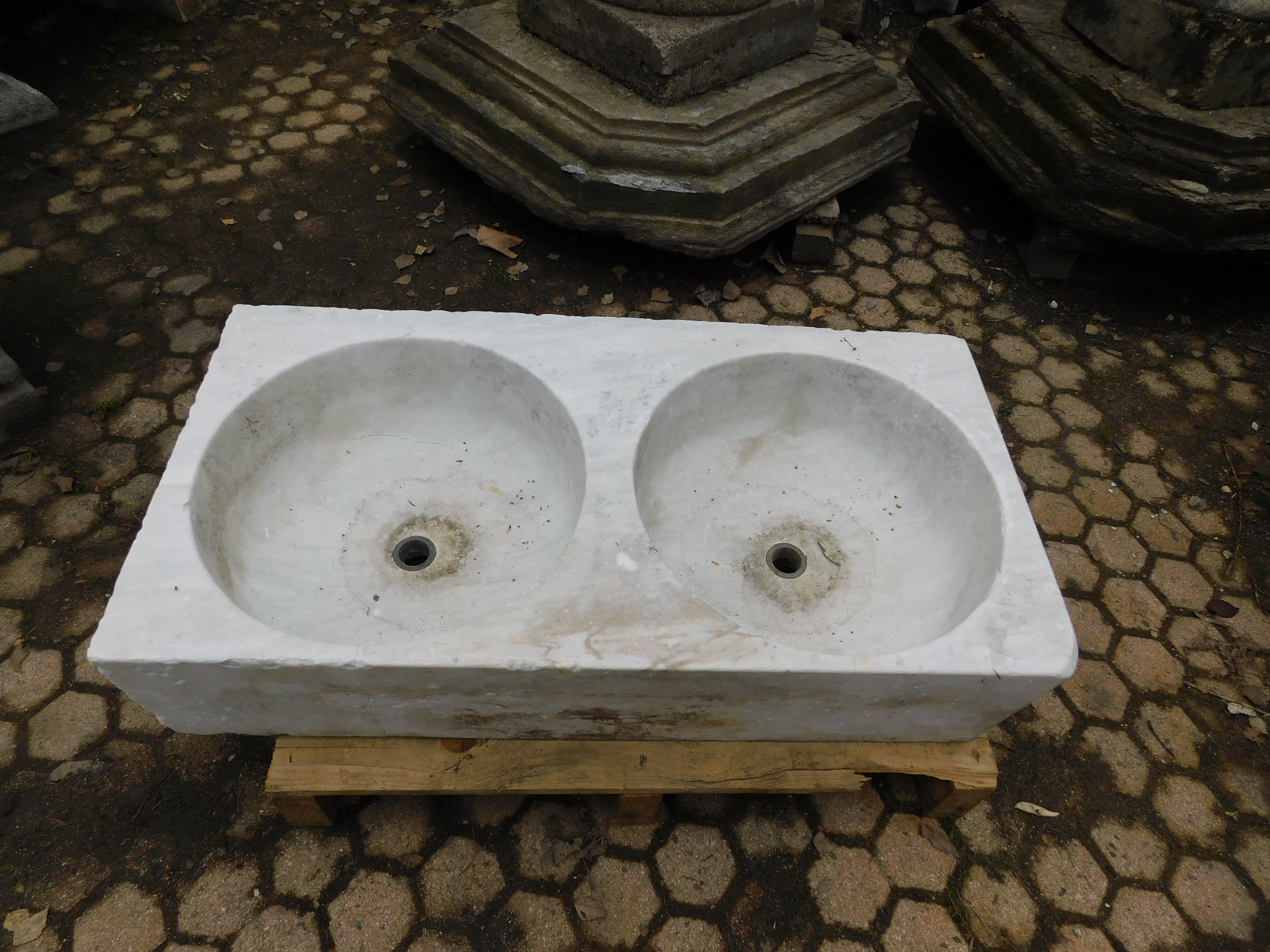 Carved Double washbasin, Carrara white marble sink for indoors or outdoors, 1900s For Sale
