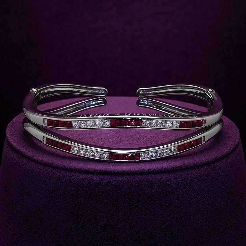 Double Wave Ruby & Diamond Bracelet
This exquisite Wave clip bracelet is a stunning example of luxury craftsmanship, featuring two rows of vibrant rubies and brilliant diamonds, meticulously set in 18k white gold. Each gemstone is carefully chosen