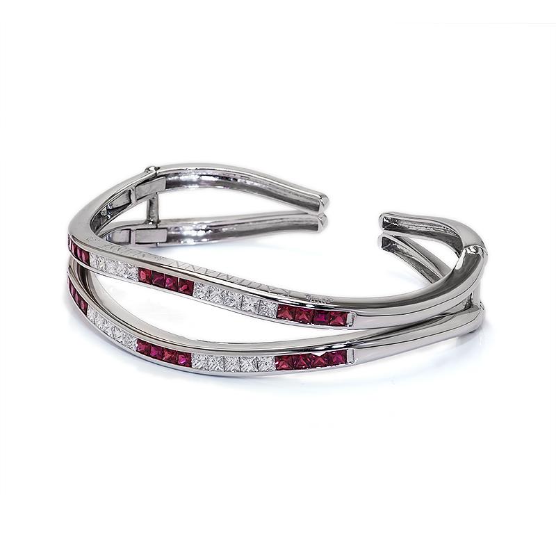 Contemporary Double Wave Ruby & Diamond Bracelet For Sale