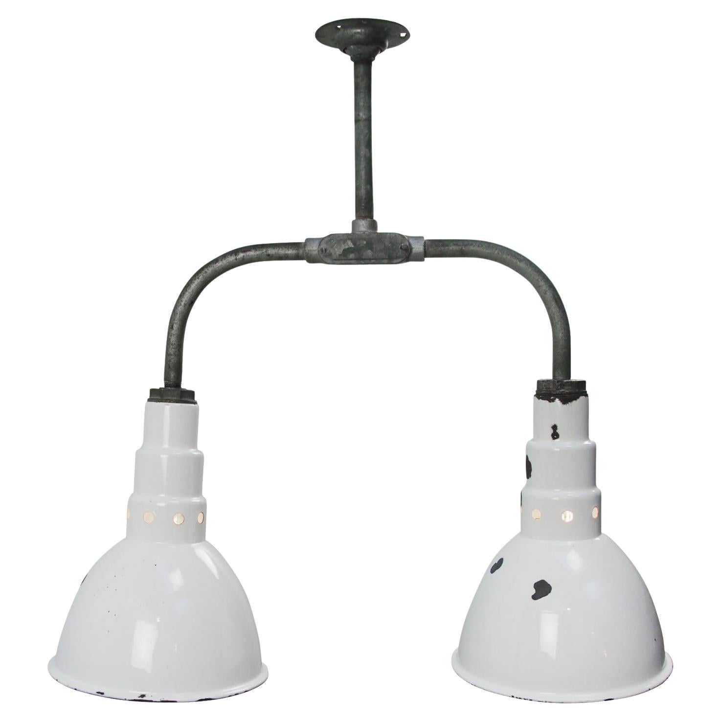 Double White Enamel Vintage Industrial Factory Pendant Lights by Benjamin USA