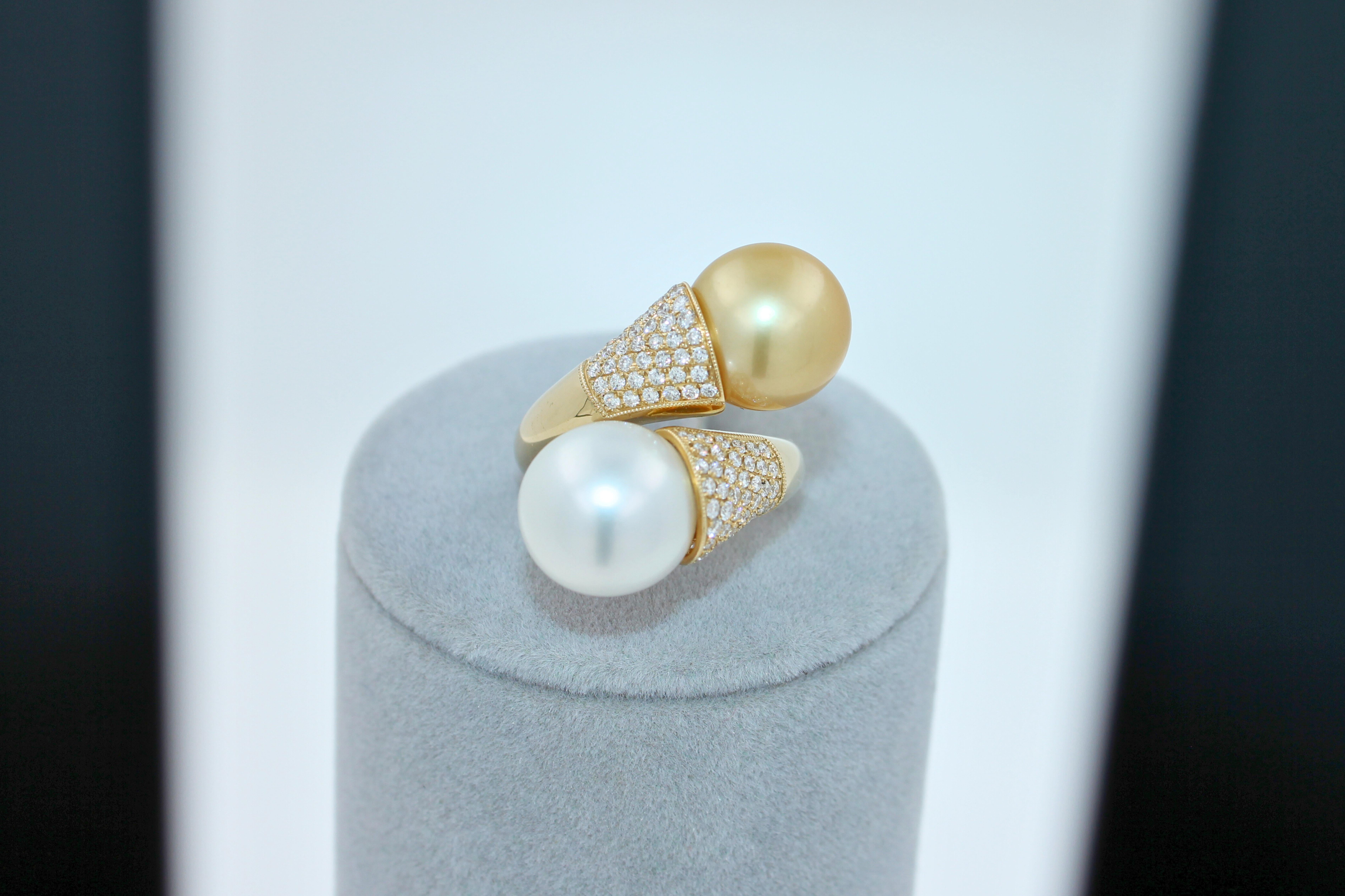 Double White Golden Yellow South Seawater Pearl Diamond Pave 14 Karat Gold Ring For Sale 1