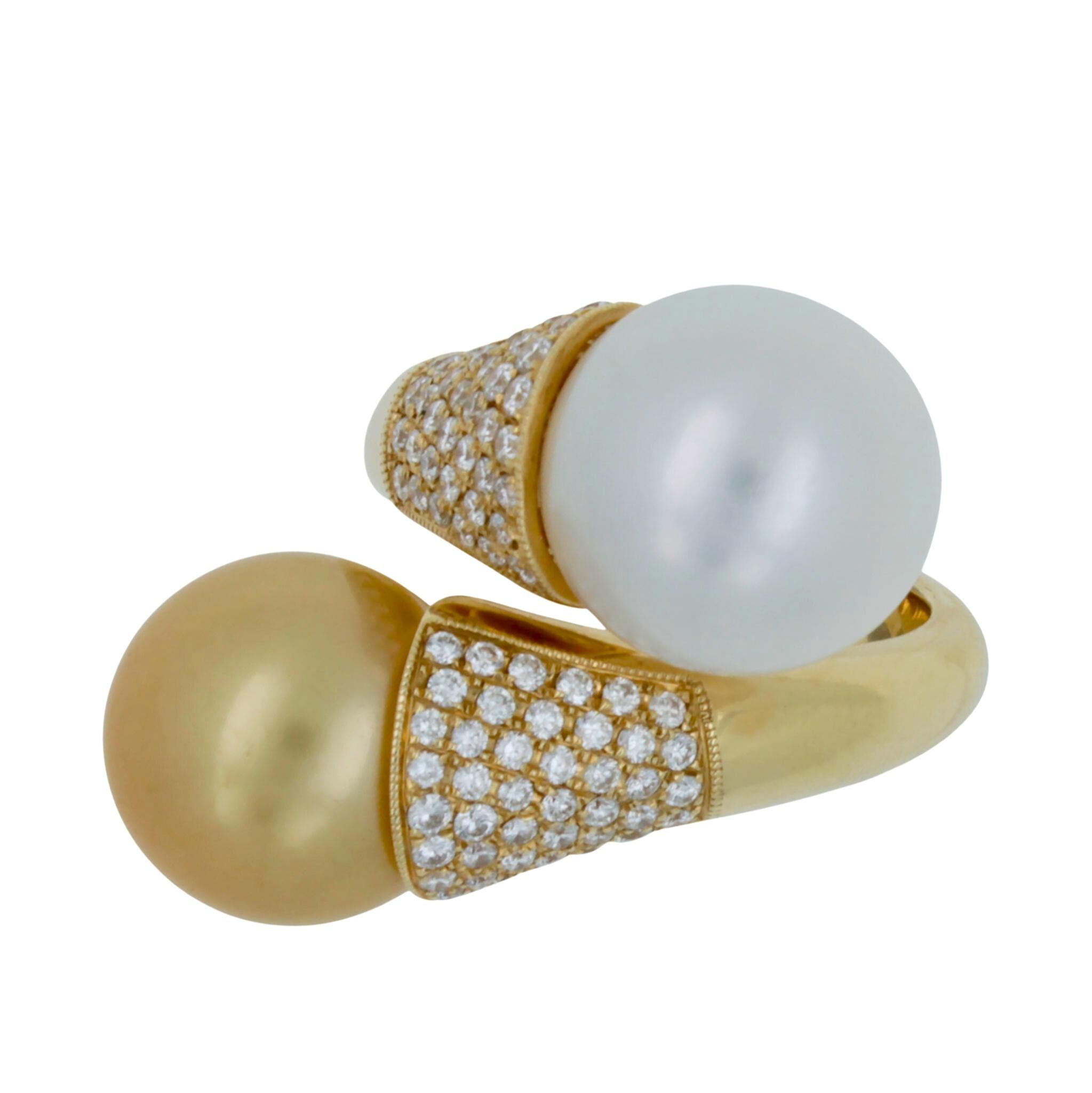 14 Yellow Karat Gold
Natural South Sea Pearls & Genuine Diamonds 
AAA Quality Pearls
0.50 CTW Diamonds - DEF / VS Color Clarity Grades
13 MM South Sea Pearls
Current Regular Size 7 – Resizable upon request
Designed & Handmade in Washington, D.C. USA