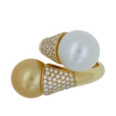 Double White Golden Yellow South Seawater Pearl Diamond Pave 14 Karat Gold Ring