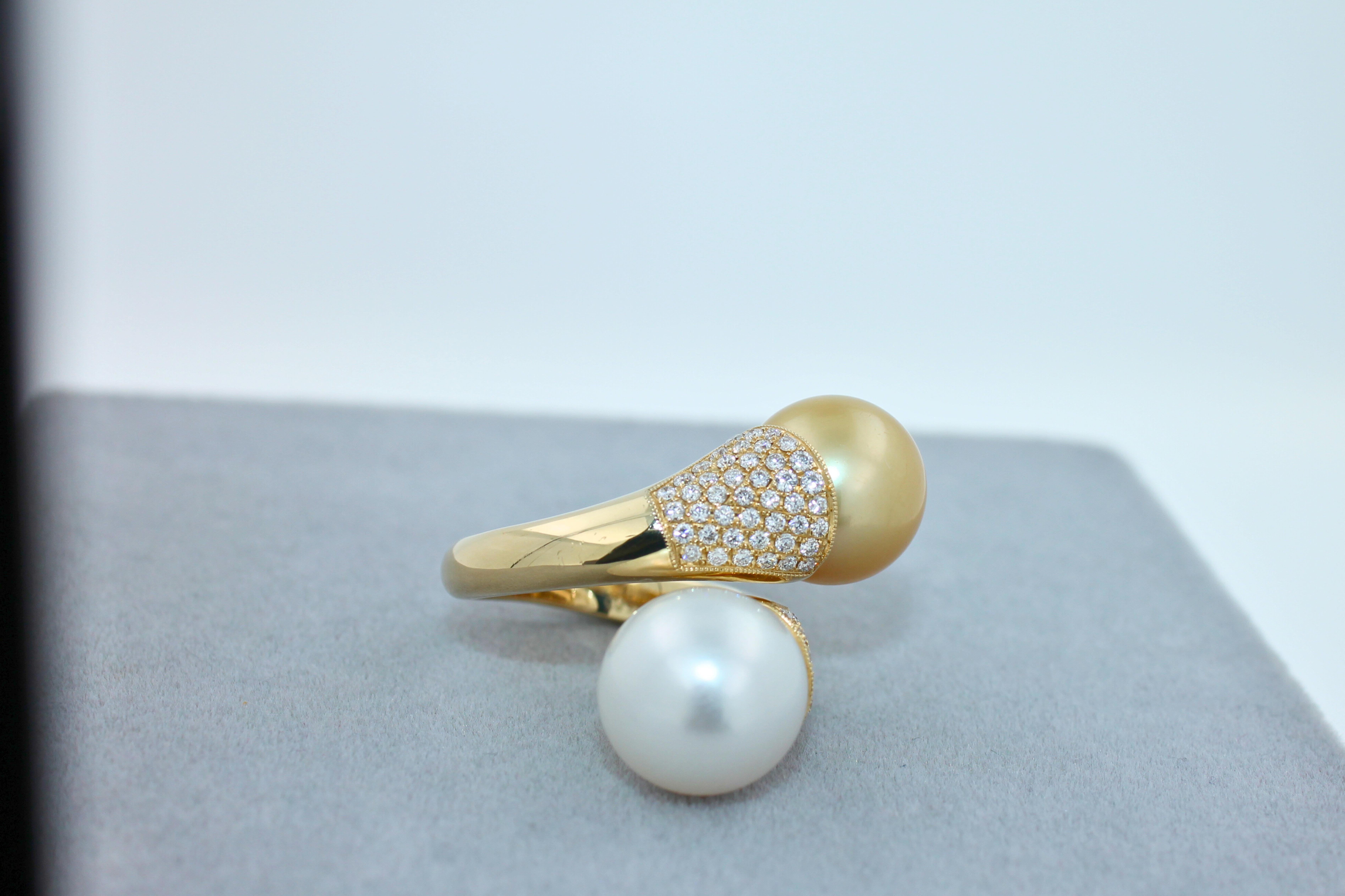 Double White Golden Yellow South Seawater Pearl Diamond Pave 14 Karat Gold Ring For Sale 6
