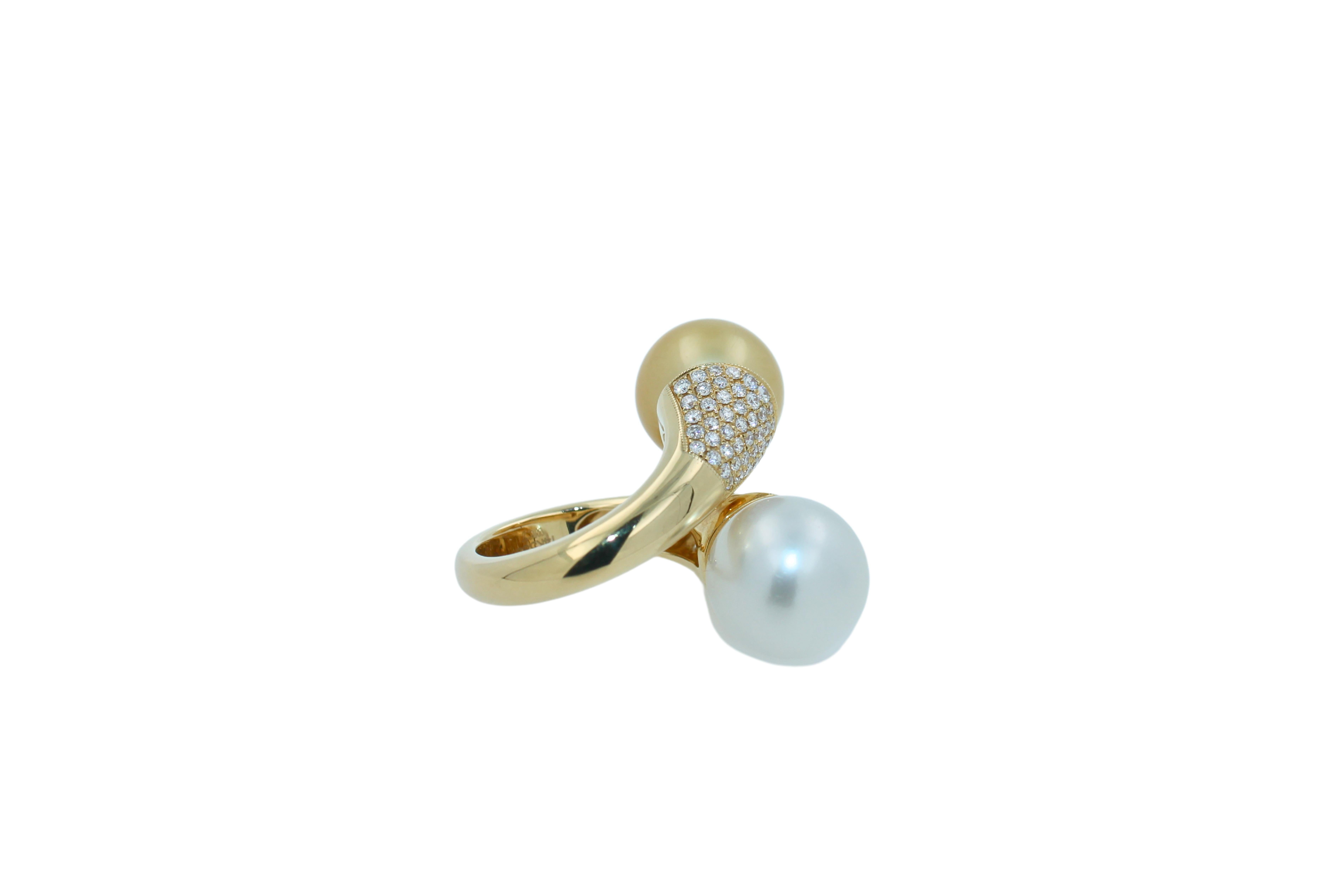 Baroque Double White Golden Yellow South Seawater Pearl Diamond Pave 14 Karat Gold Ring For Sale