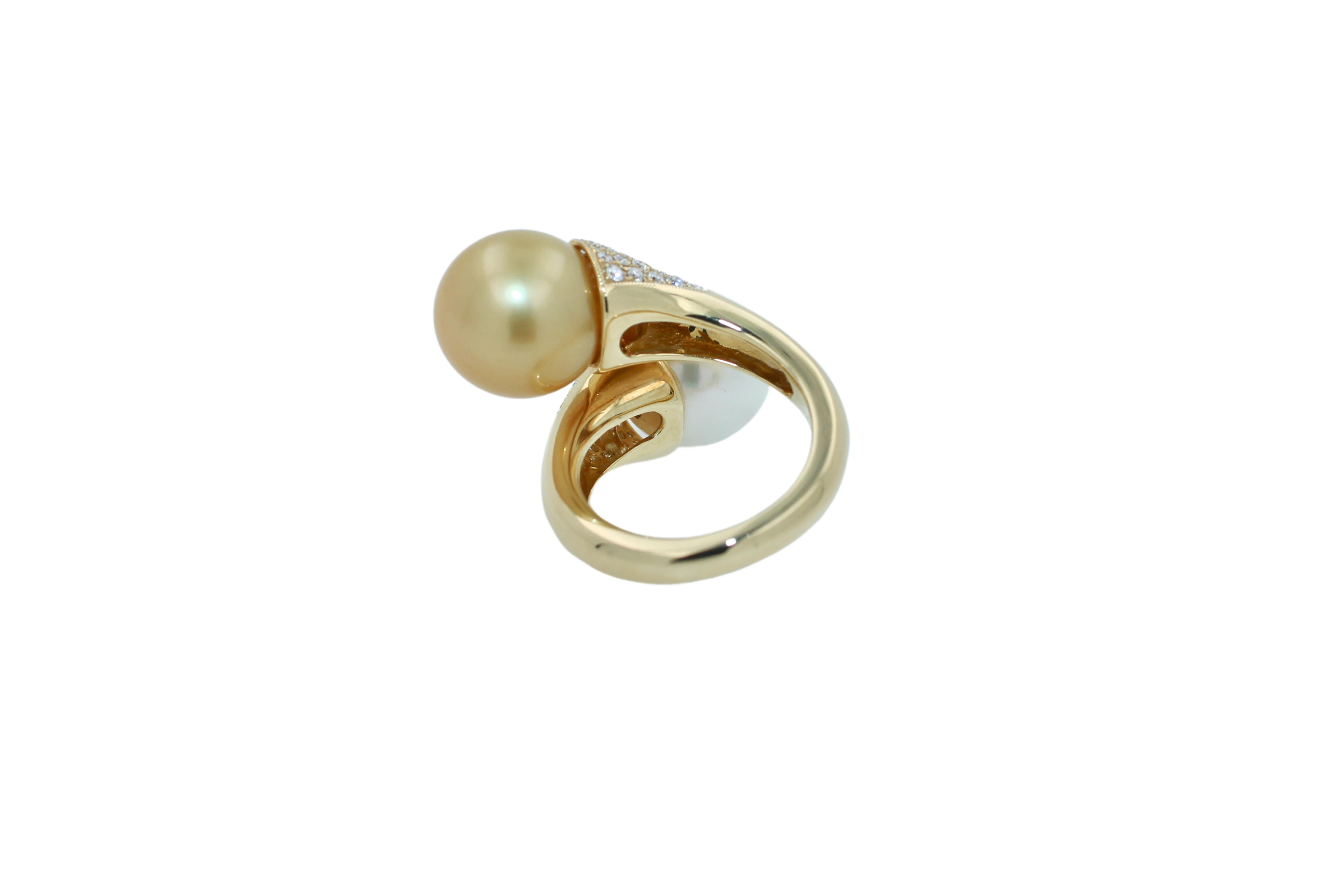 Double White Golden Yellow South Seawater Pearl Diamond Pave 14 Karat Gold Ring In New Condition For Sale In Oakton, VA