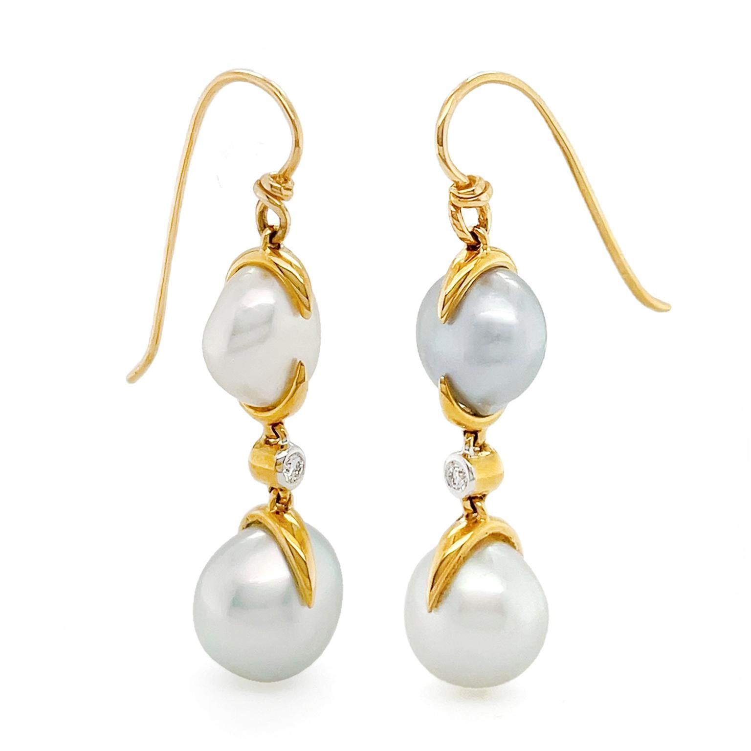 Women's or Men's 18K Yellow Gold Double White Keshi Pearl Diamond Wire Earrings For Sale