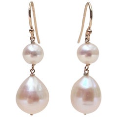 Double White Pearl Earrings with 14 Karat Yellow Gold Wiring and Hook