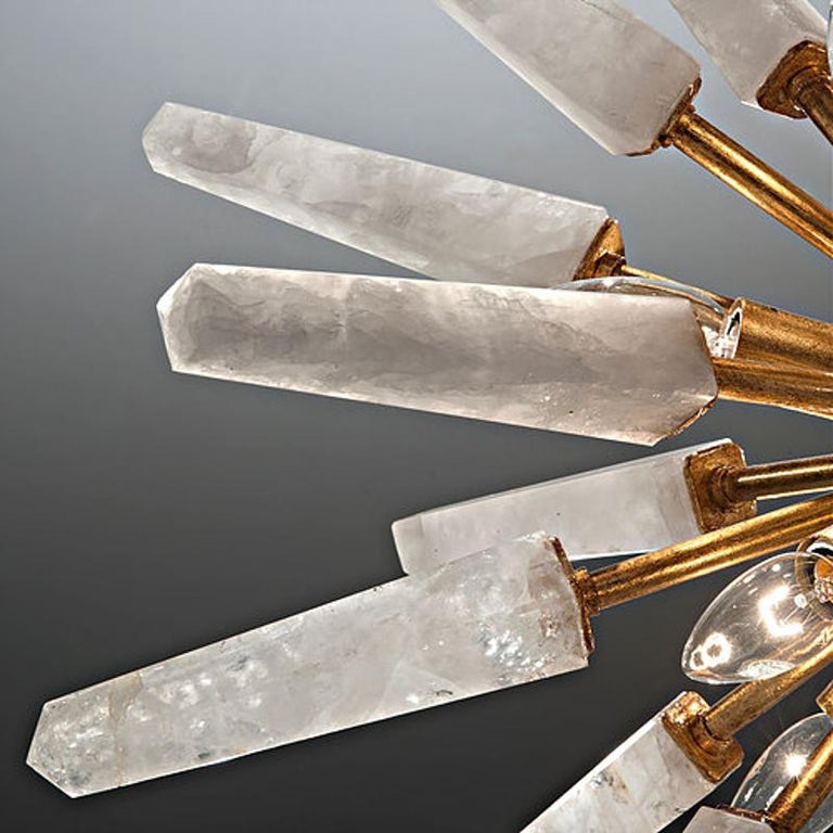 Double white quartz Sputnik pendant light
Dimensions: Each Sputnik Ø 55 cm (other dimensions can be made to order)
Lighting: 09 X G9 25W LED
Rock crystal: White quartz
Possible finishes: Silver leaf, old silver leaf, gold leaf, old gold leaf,
