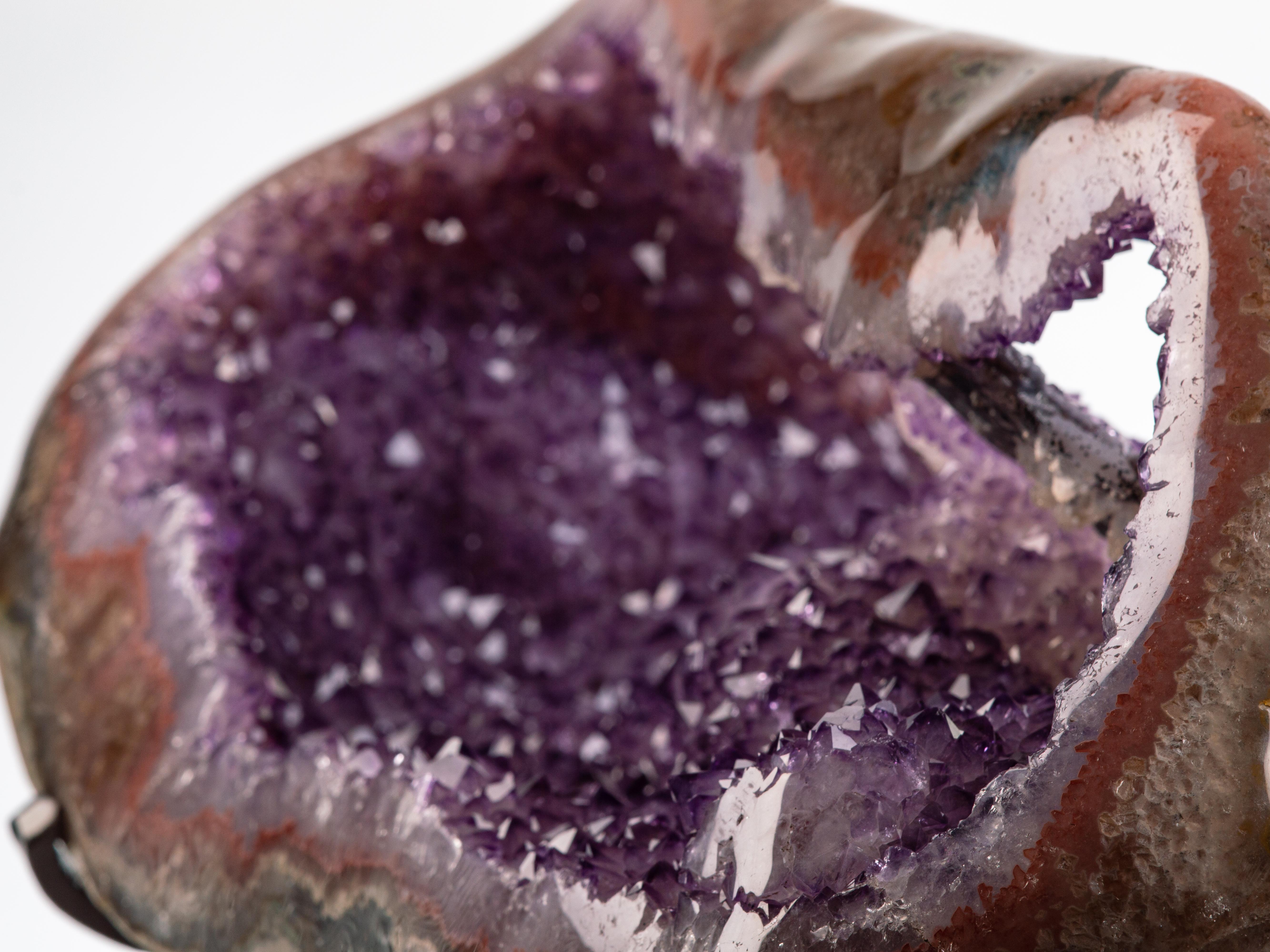 Double Windowed Amethyst Geode with Agatised Borders and Rare Calcite Formation For Sale 1