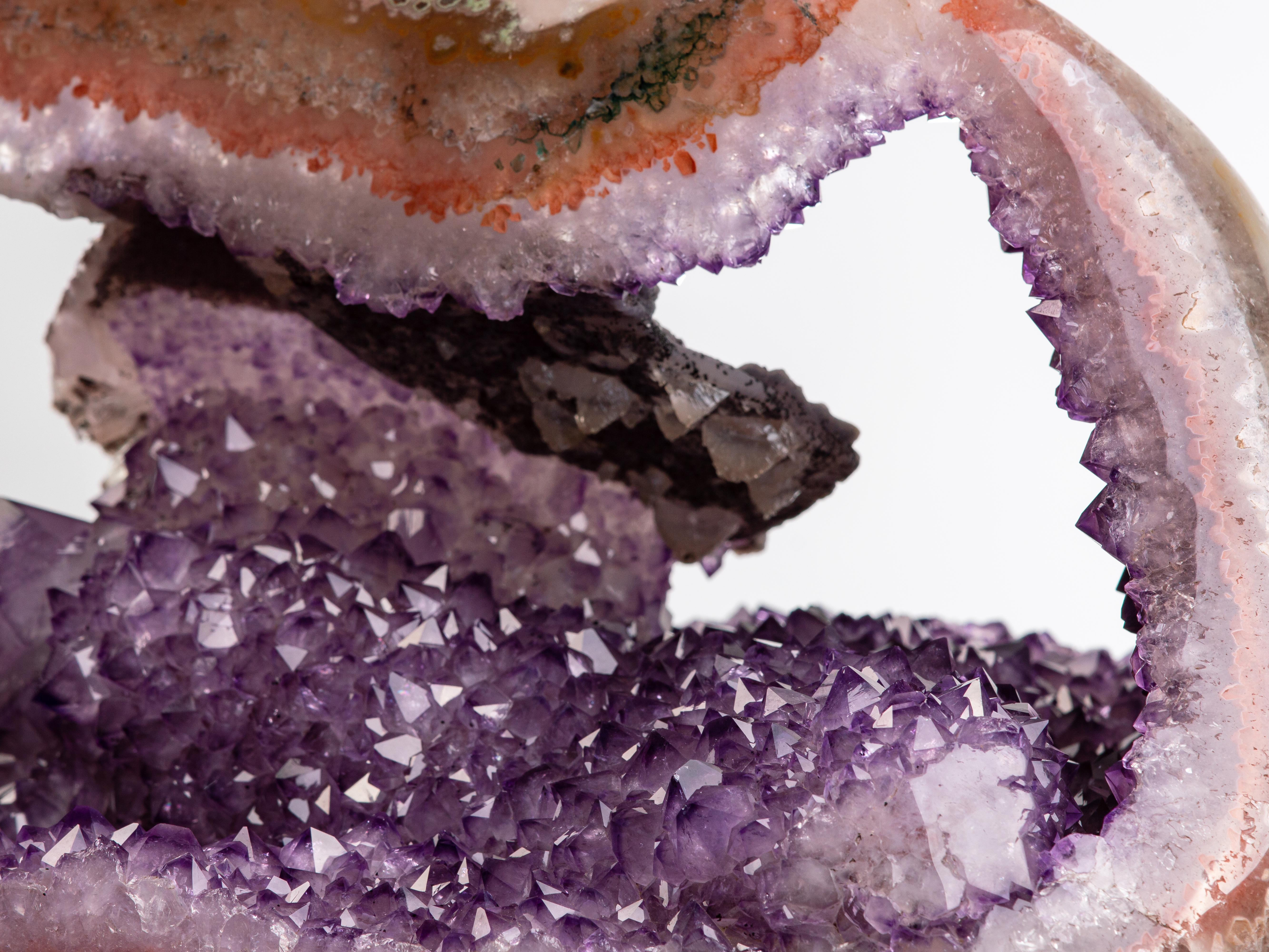 Double Windowed Amethyst Geode with Agatised Borders and Rare Calcite Formation For Sale 2