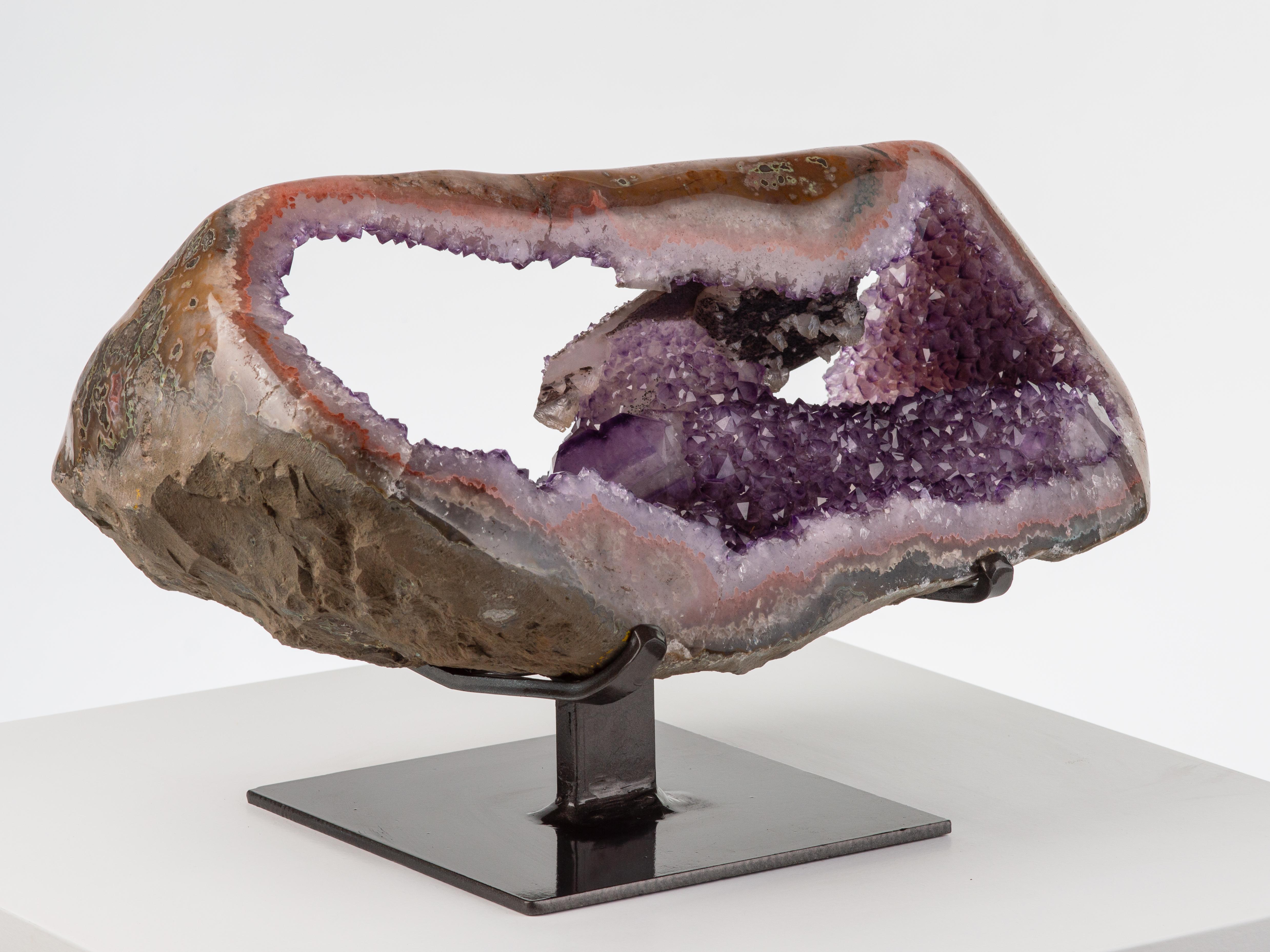 Uruguayan Double Windowed Amethyst Geode with Agatised Borders and Rare Calcite Formation For Sale
