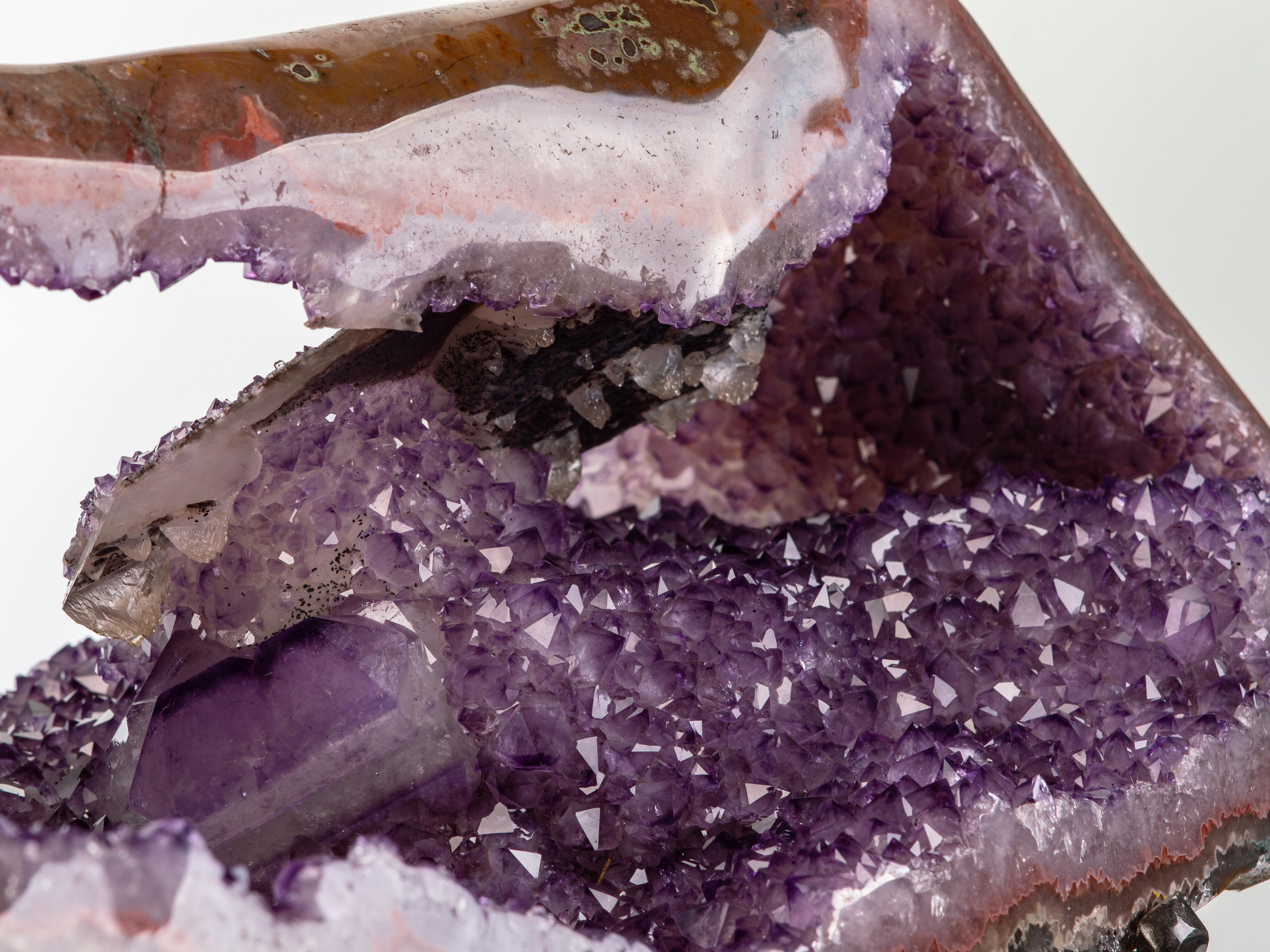 18th Century and Earlier Double Windowed Amethyst Geode with Agatised Borders and Rare Calcite Formation For Sale