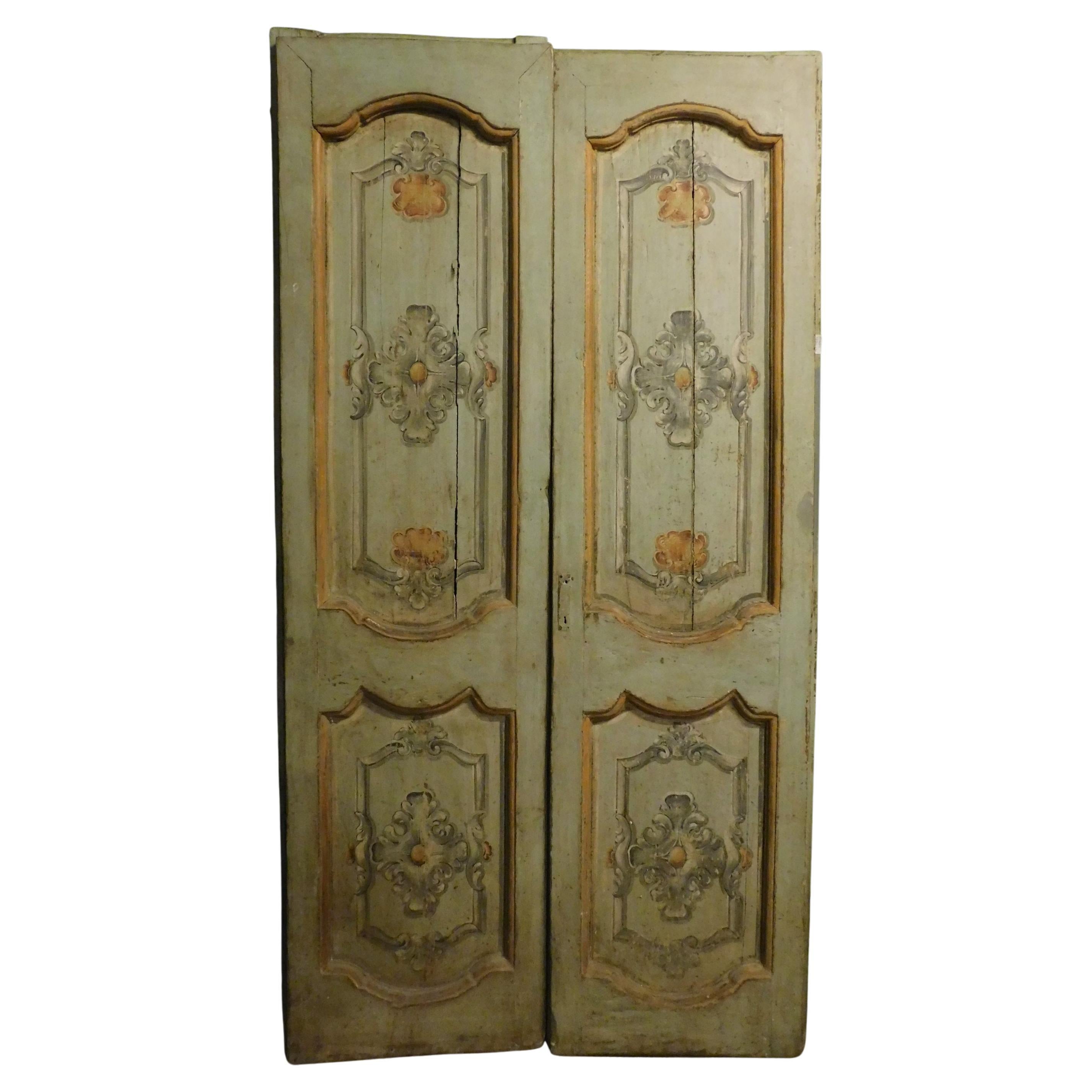 Italian Double wing door, carved and painted in the panel, '700 Italy For Sale