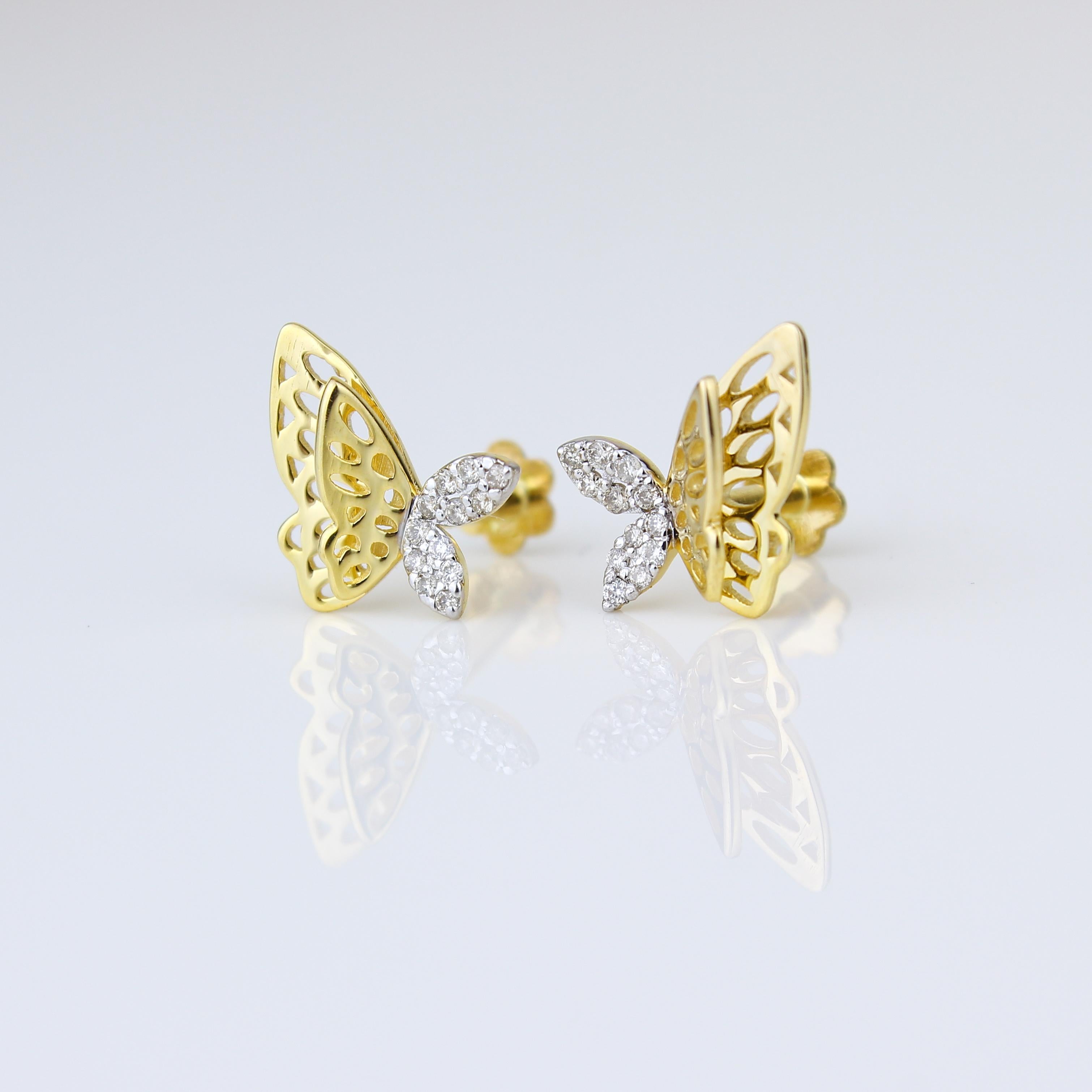 
The Double Winged Butterfly Diamond Kid Earrings are a whimsical and enchanting addition to any young jewelry collection. Crafted with precision from 18K solid gold, these earrings showcase a delightful butterfly design with two intricate wings,
