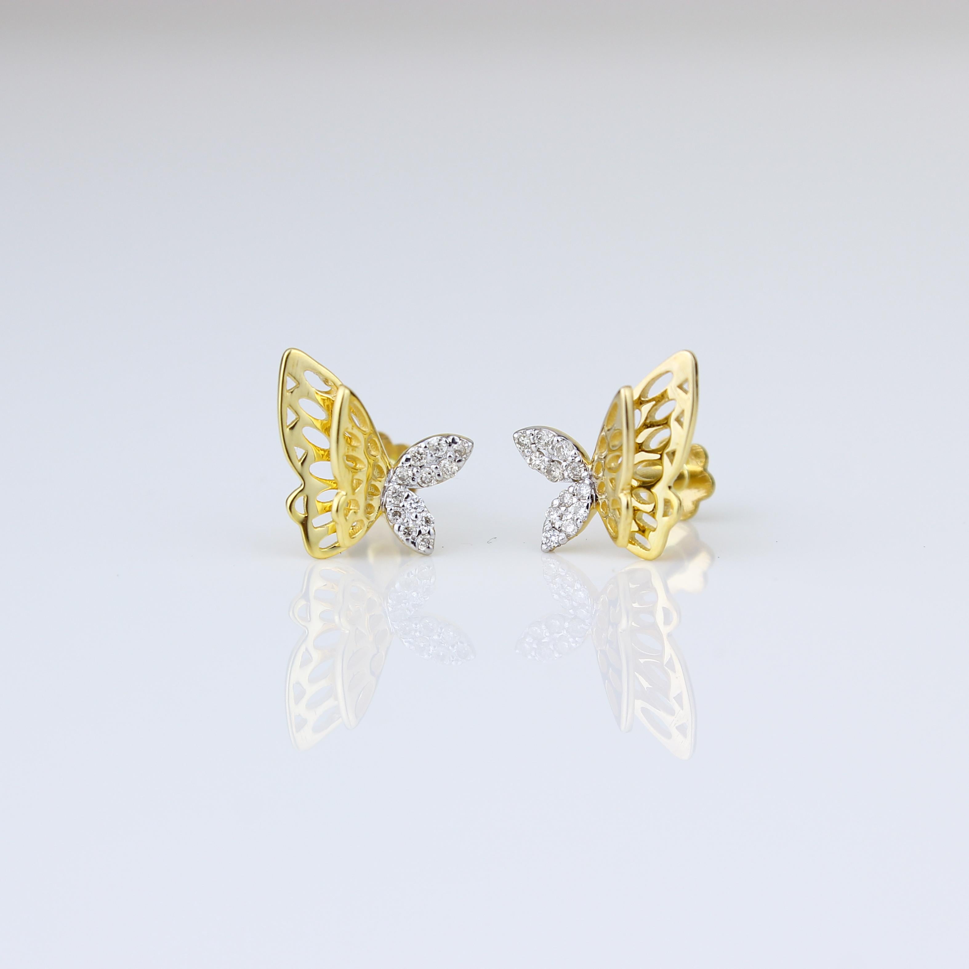 Art Deco Double Winged Butterfly Diamond Earrings for Girls/Kids in 18K Solid Gold For Sale