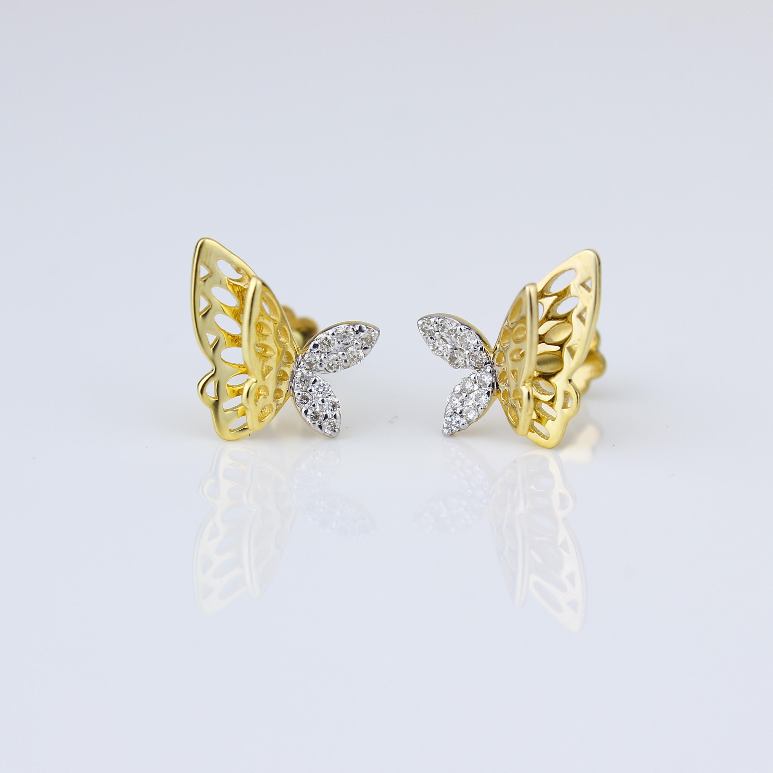 Round Cut Double Winged Butterfly Diamond Earrings for Girls/Kids in 18K Solid Gold For Sale
