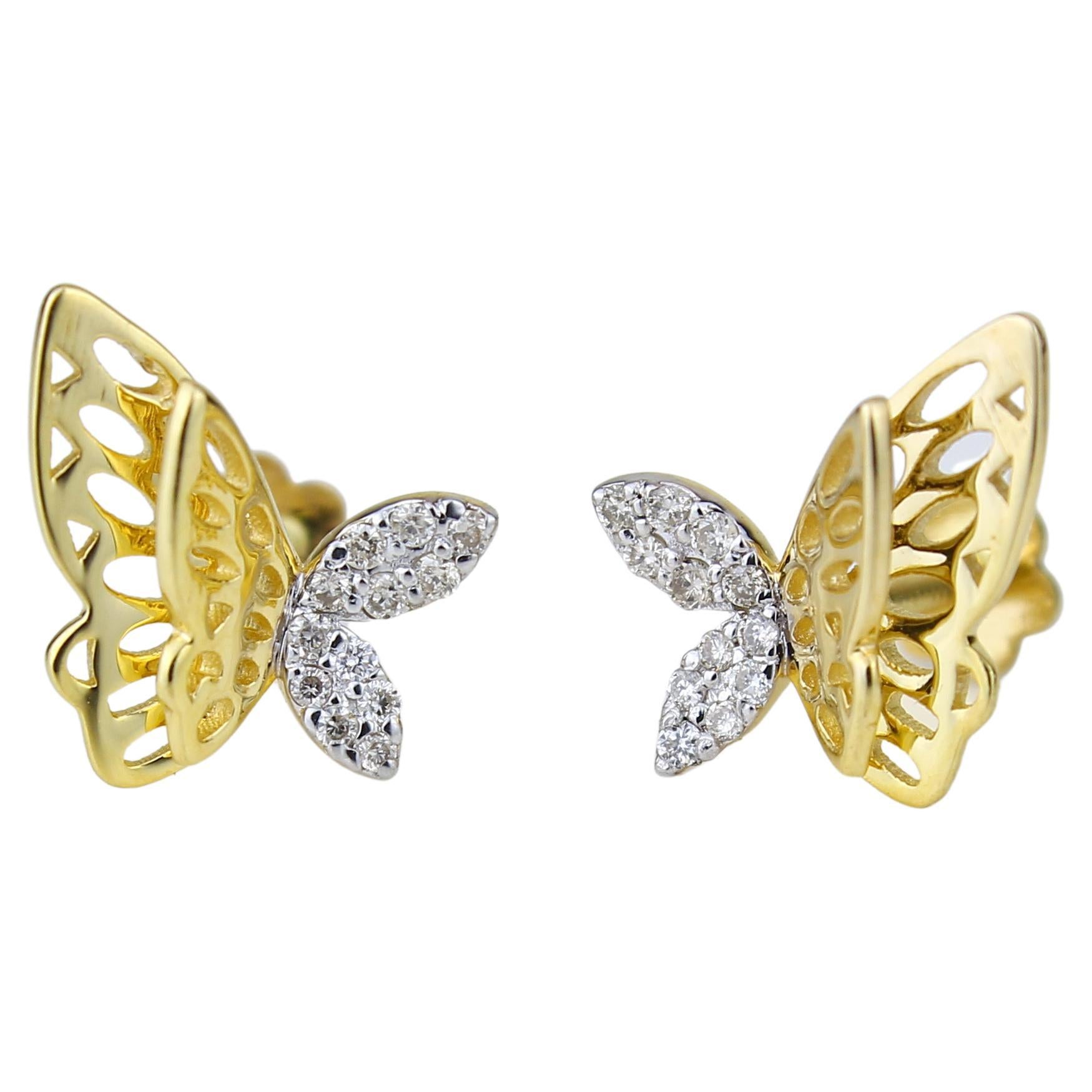 Double Winged Butterfly Diamond Earrings for Girls/Kids in 18K Solid Gold For Sale