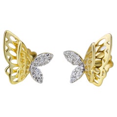 Boucles d'oreilles en or massif 18 carats avec double papillon ailé et diamants pour filles/enfants