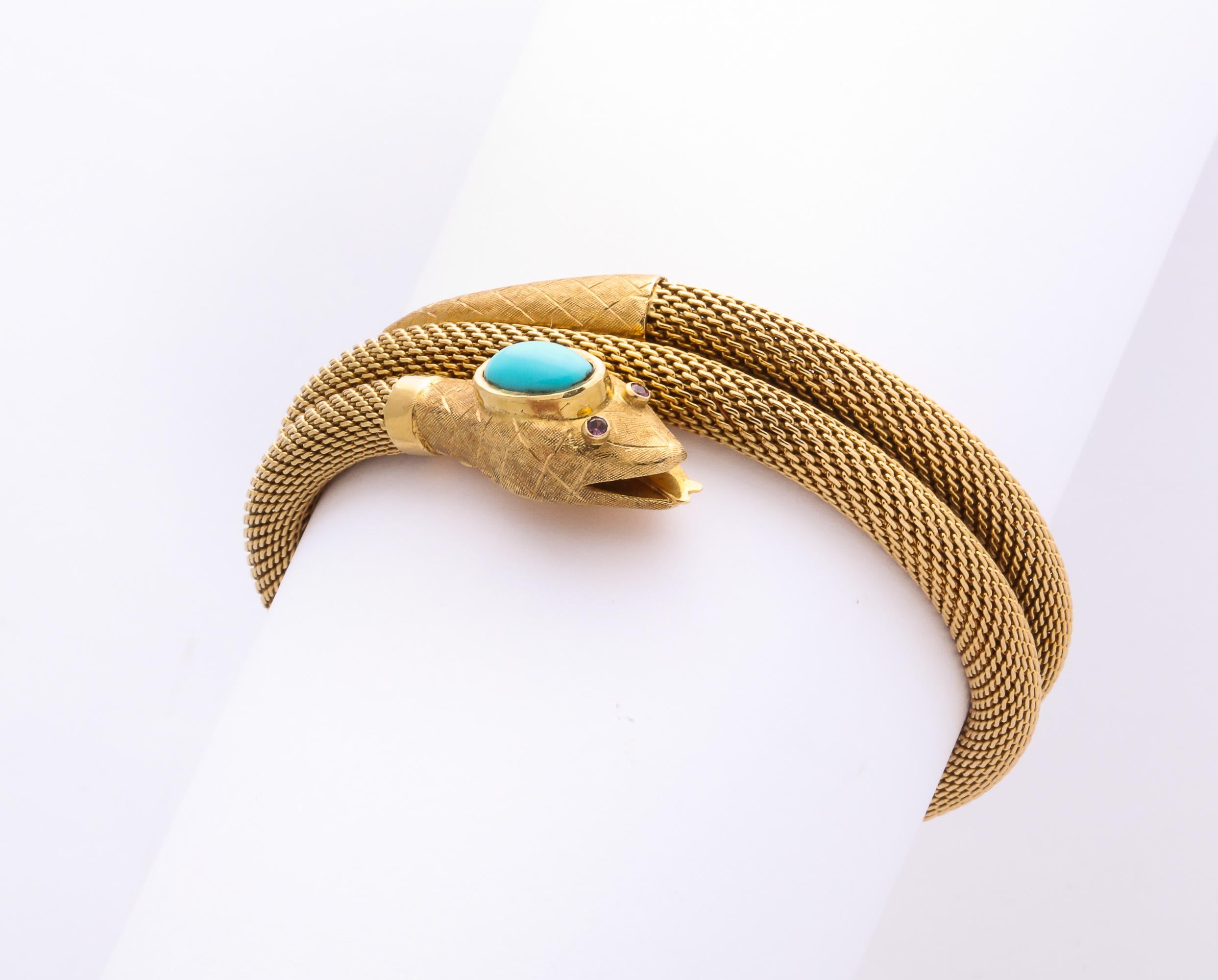 Egyptian Revival Double Woven Snake Bracelet with Persian Turquoise Head and Ruby Eyes