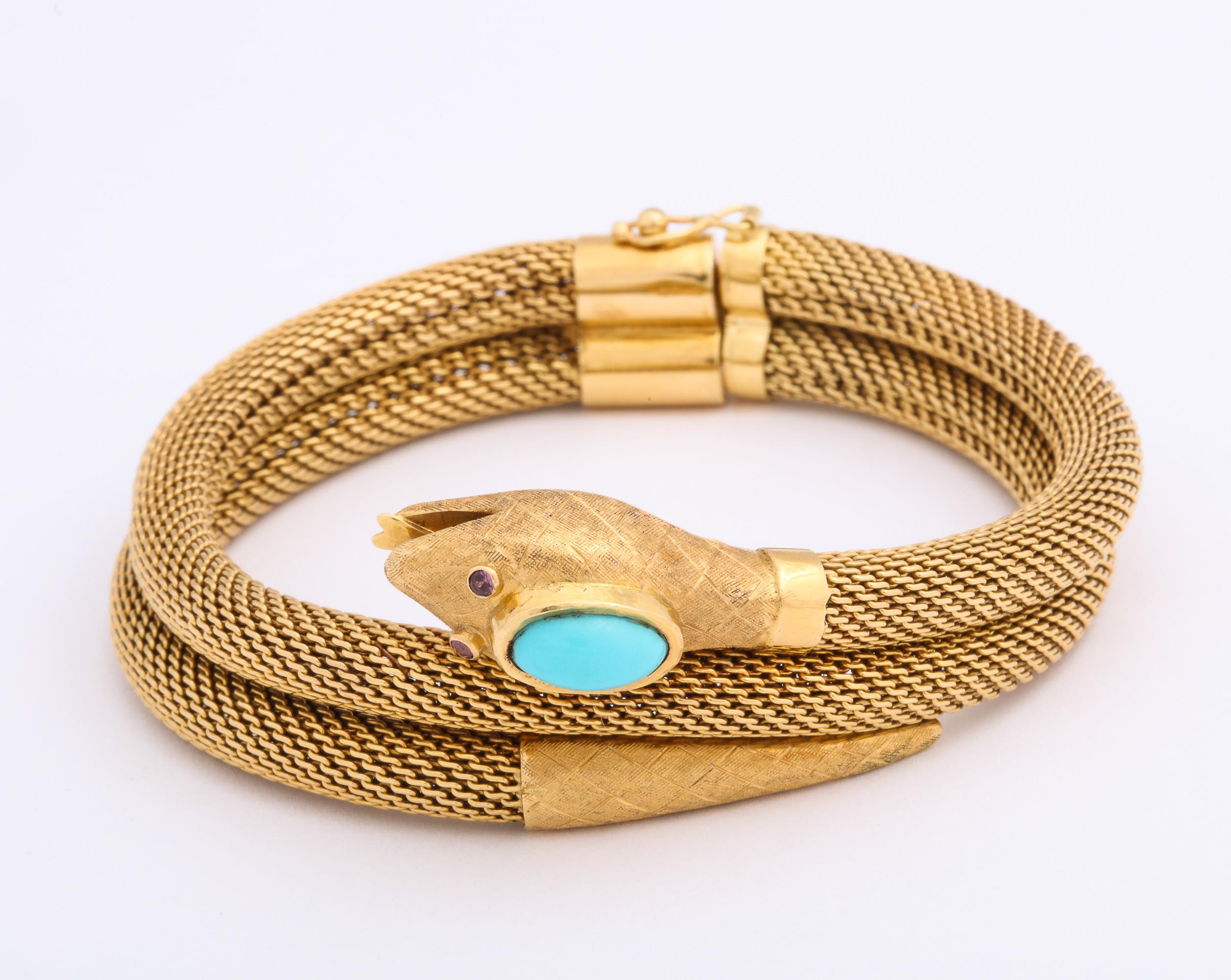 Double Woven Snake Bracelet with Persian Turquoise Head and Ruby Eyes In Excellent Condition In New York, NY