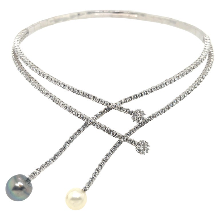 Double Wrap Diamond and Pearl Necklace 18k White Gold For Sale at 1stDibs