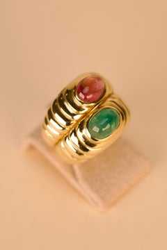 Bague double en or jaune avec tourmaline et émeraude