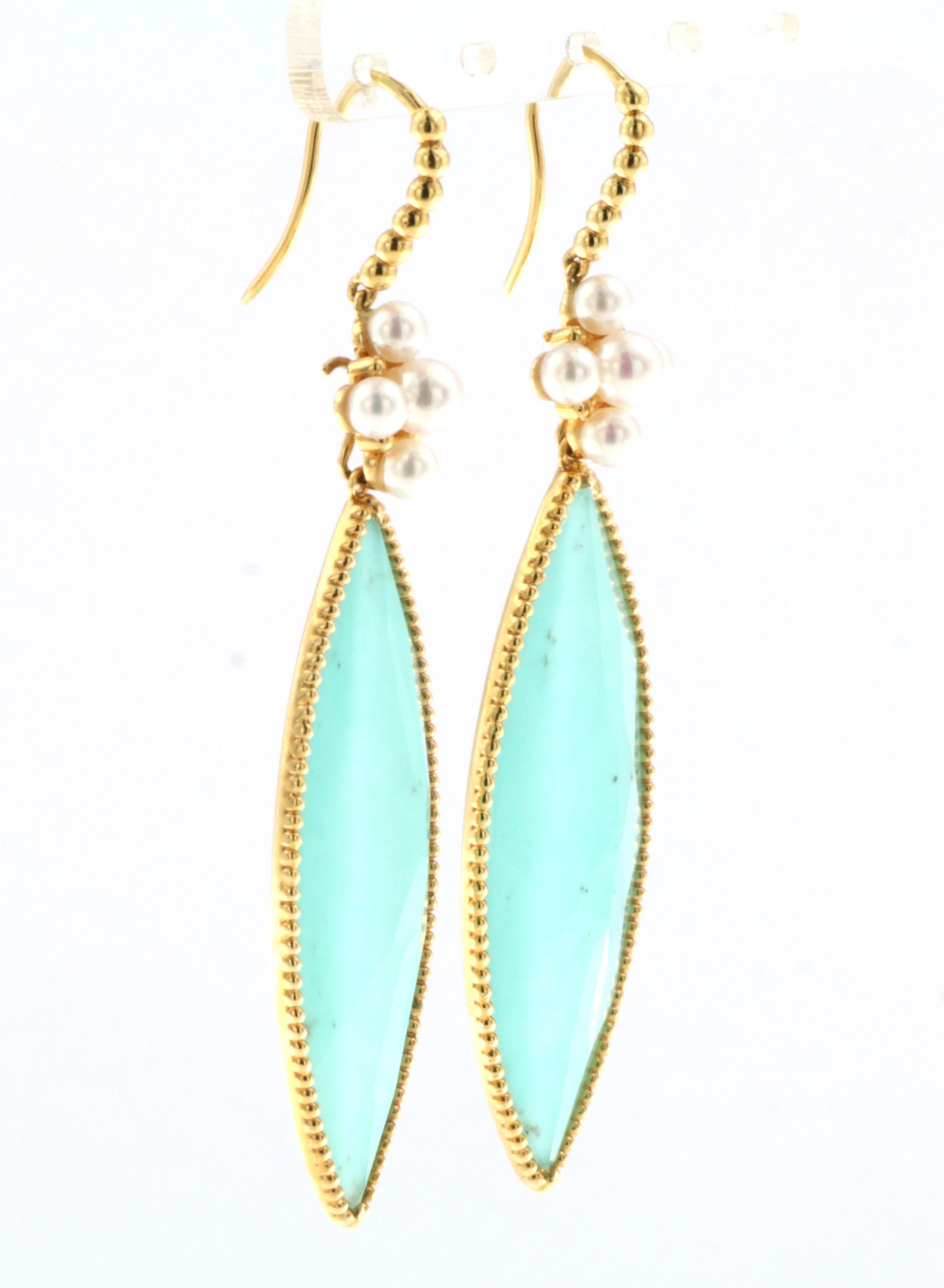 Sliced to display their natural variations in character.
Turquoise slices are topped with clear faceted rock crystal.
The earrings are 18K Yellow Gold.
10 fresh water pearl dimensions range from 3-4.5mm.
There are 27.29ct in Turquoise And Rock