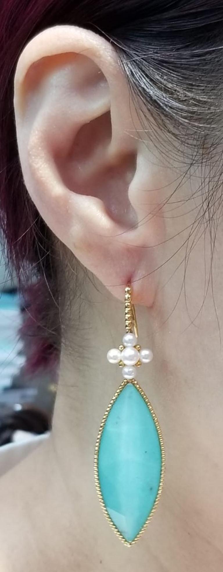 Artisan Doublet 27.29 Carat Turquoise Rock Crystal Pearl Gold Dangle Earrings