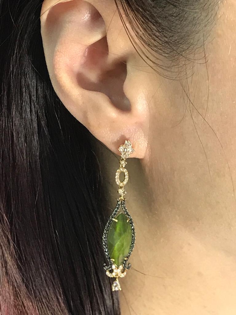 Vintage-Ohrring mit 9,57 Karat Turmalin und Bergkristall-Diamant, 18 Karat (Marquiseschliff) im Angebot