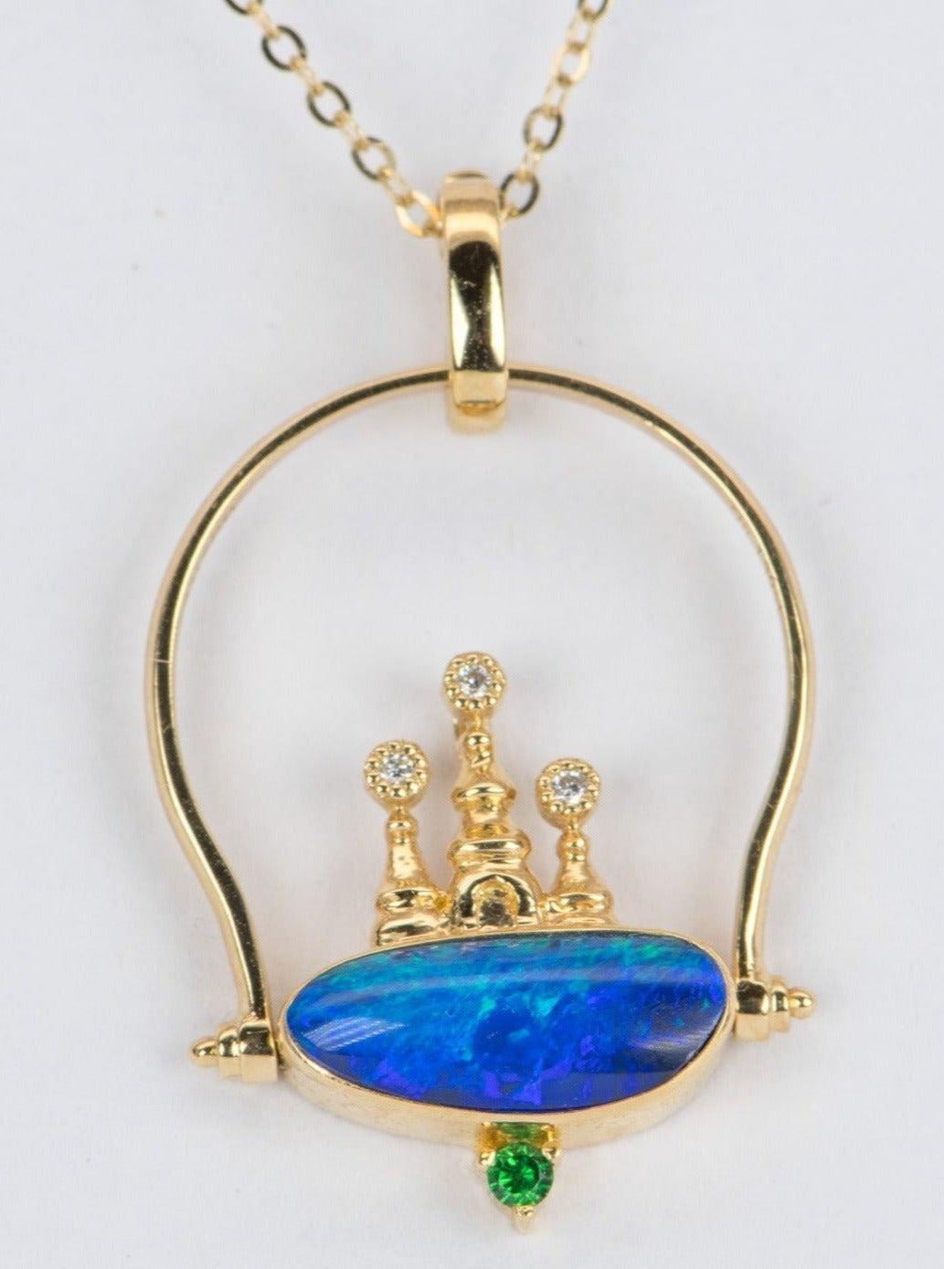 Mixed Cut Australian Opal and Diamond Castle Convertible Ring Pendant Charm 18k Gold For Sale