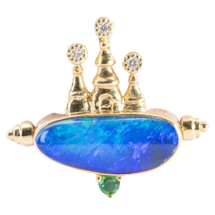 Australian Opal and Diamond Castle Convertible Ring Pendant Charm 18k Gold For Sale
