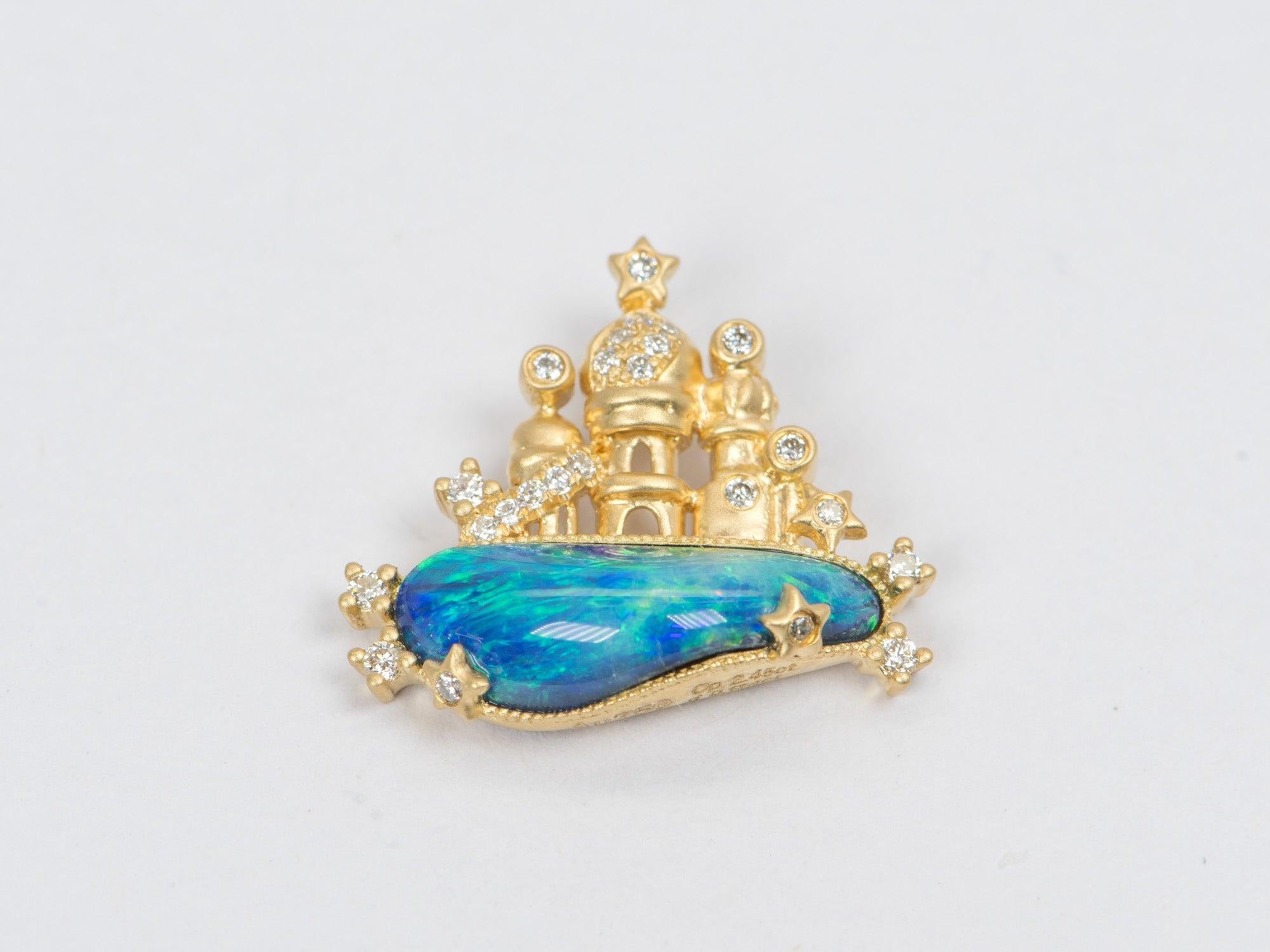 Mixed Cut Australian Opal and Diamond Castle Pendant 18k Gold R4284 For Sale