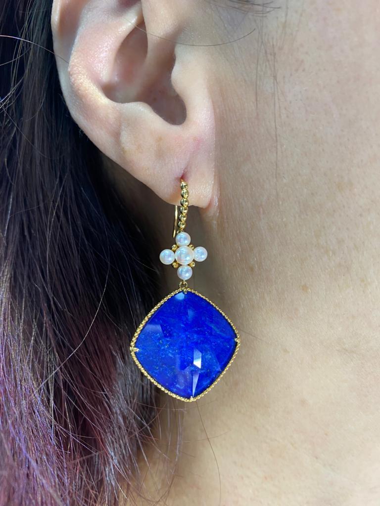 Artisan Doublet Lapis Lazuli Rock Crystal Pearl Dangle Earrings in 18 Karat Yellow Gold