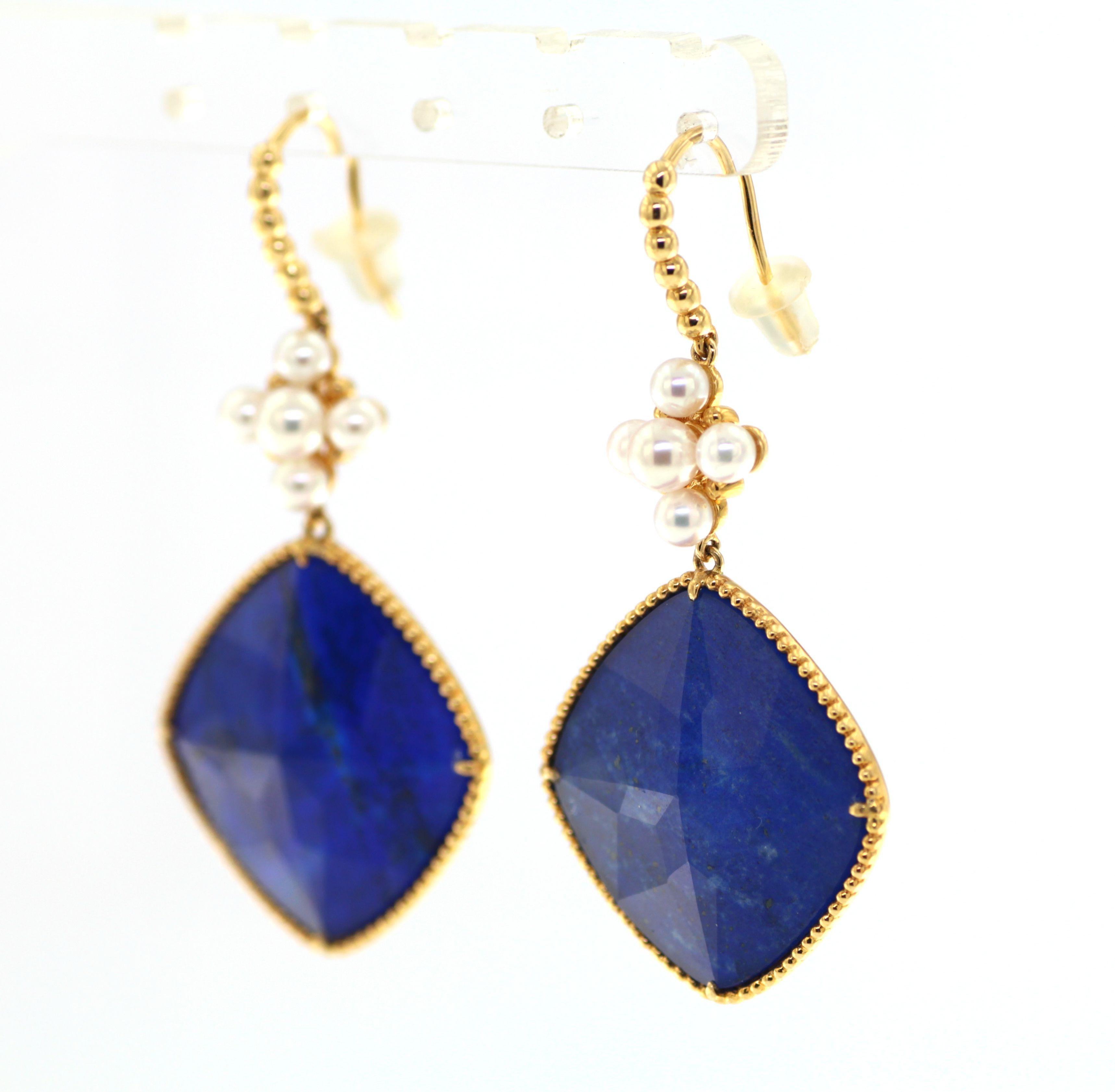 Square Cut Doublet Lapis Lazuli Rock Crystal Pearl Dangle Earrings in 18 Karat Yellow Gold