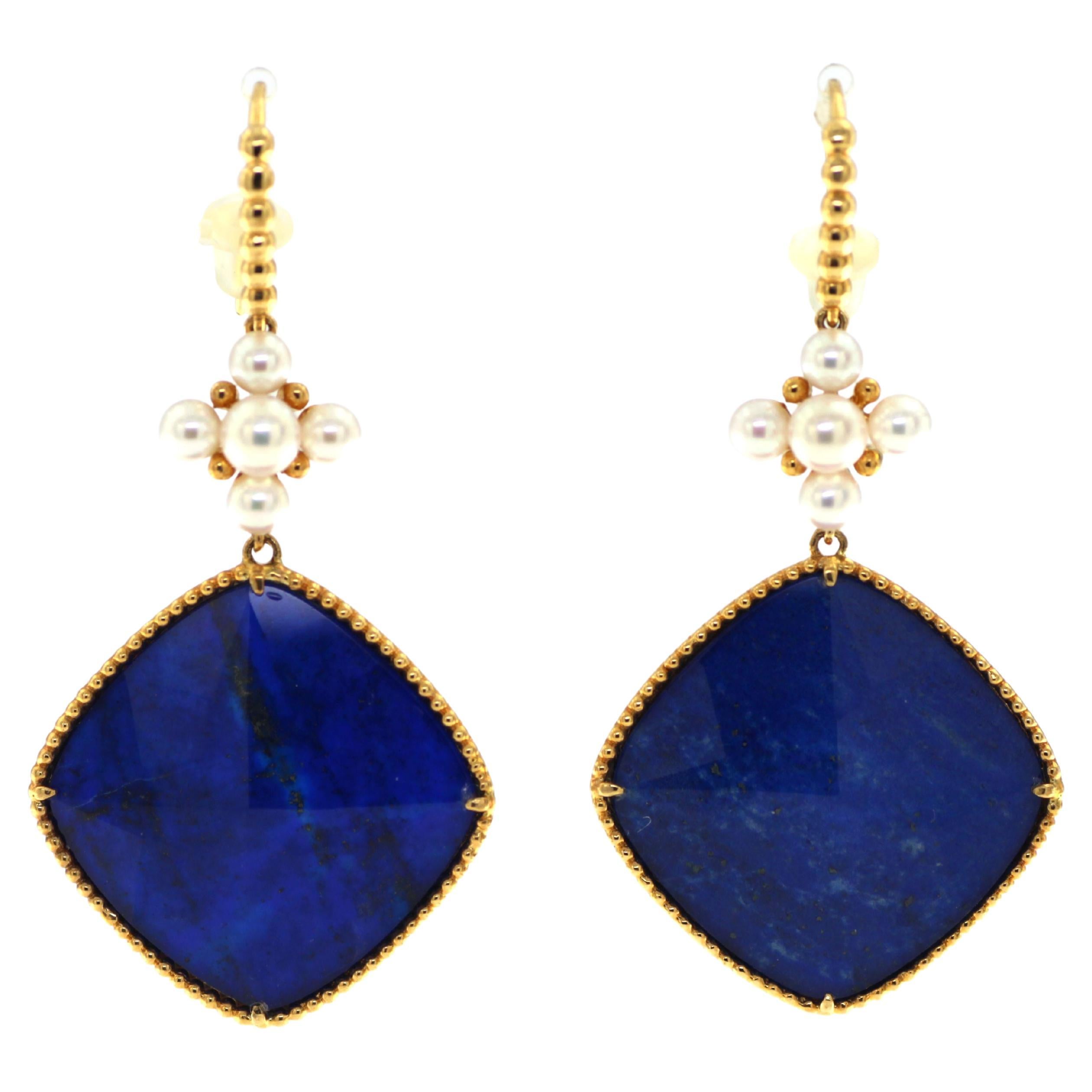 Doublet Lapis Lazuli Rock Crystal Pearl Dangle Earrings in 18 Karat Yellow Gold