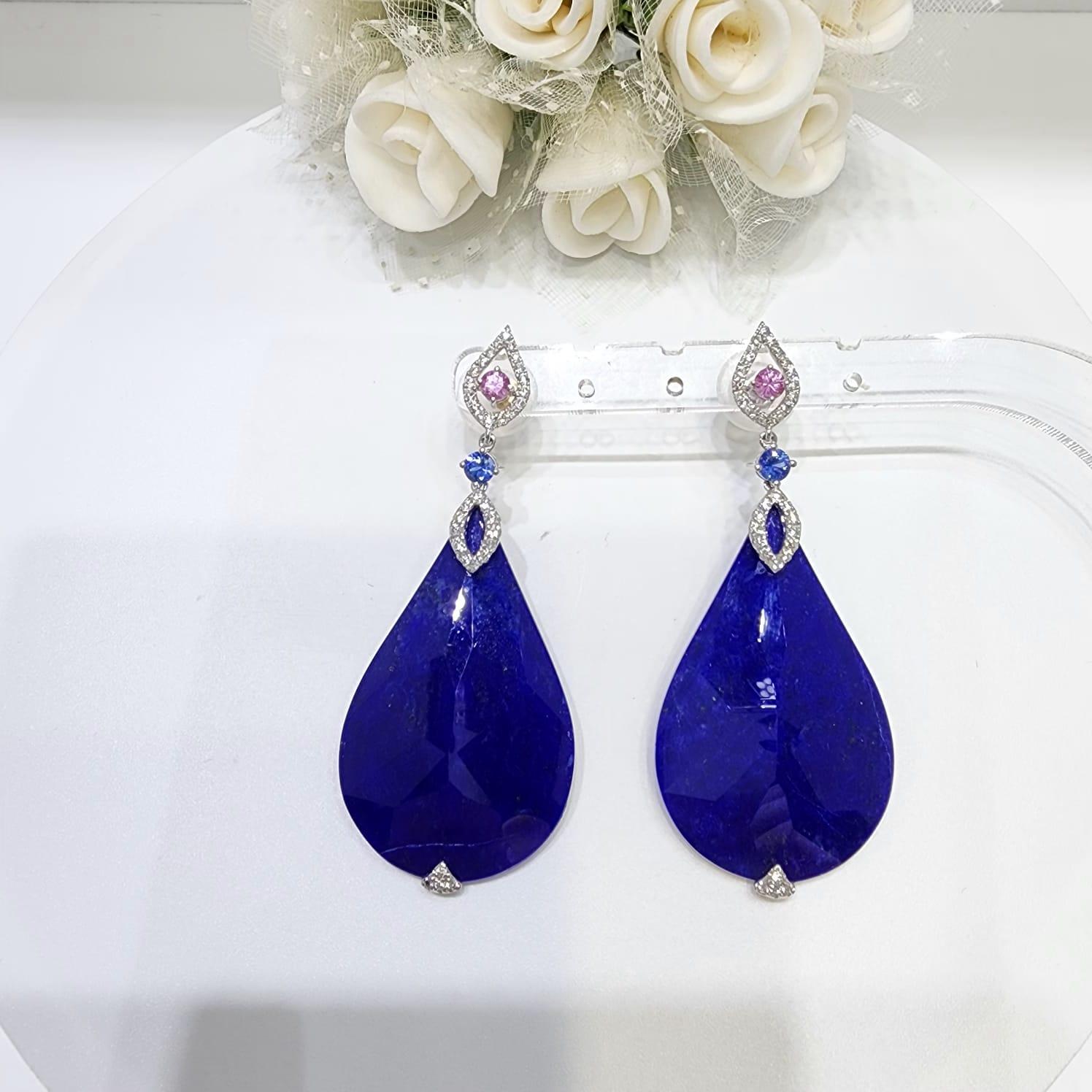 Doppio zaffiro di quarzo lapis e diamante in oro bianco 18 carati in vendita 1