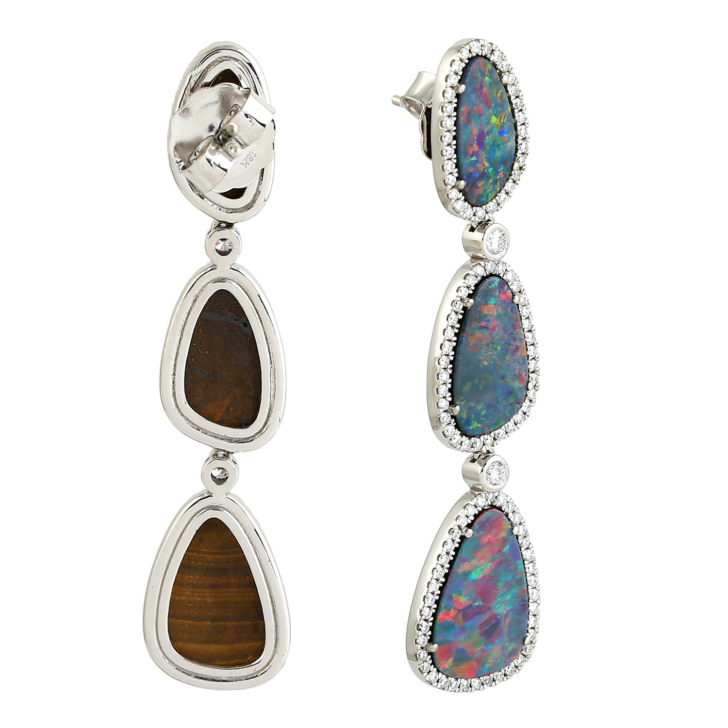 Art Deco Doublet Opal 3 Tier Dangle Earrings With Diamonds Made In 18k White Gold For Sale