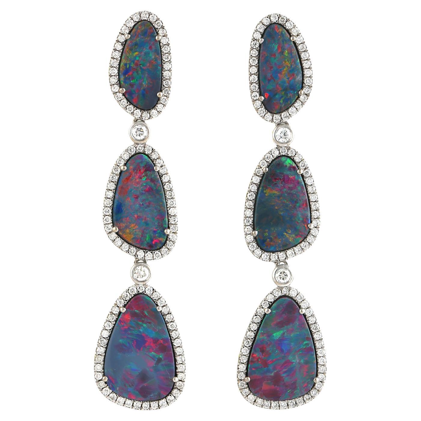 Doublet Opal 3 Tier Dangle Earrings With Diamonds Made In 18k White Gold For Sale
