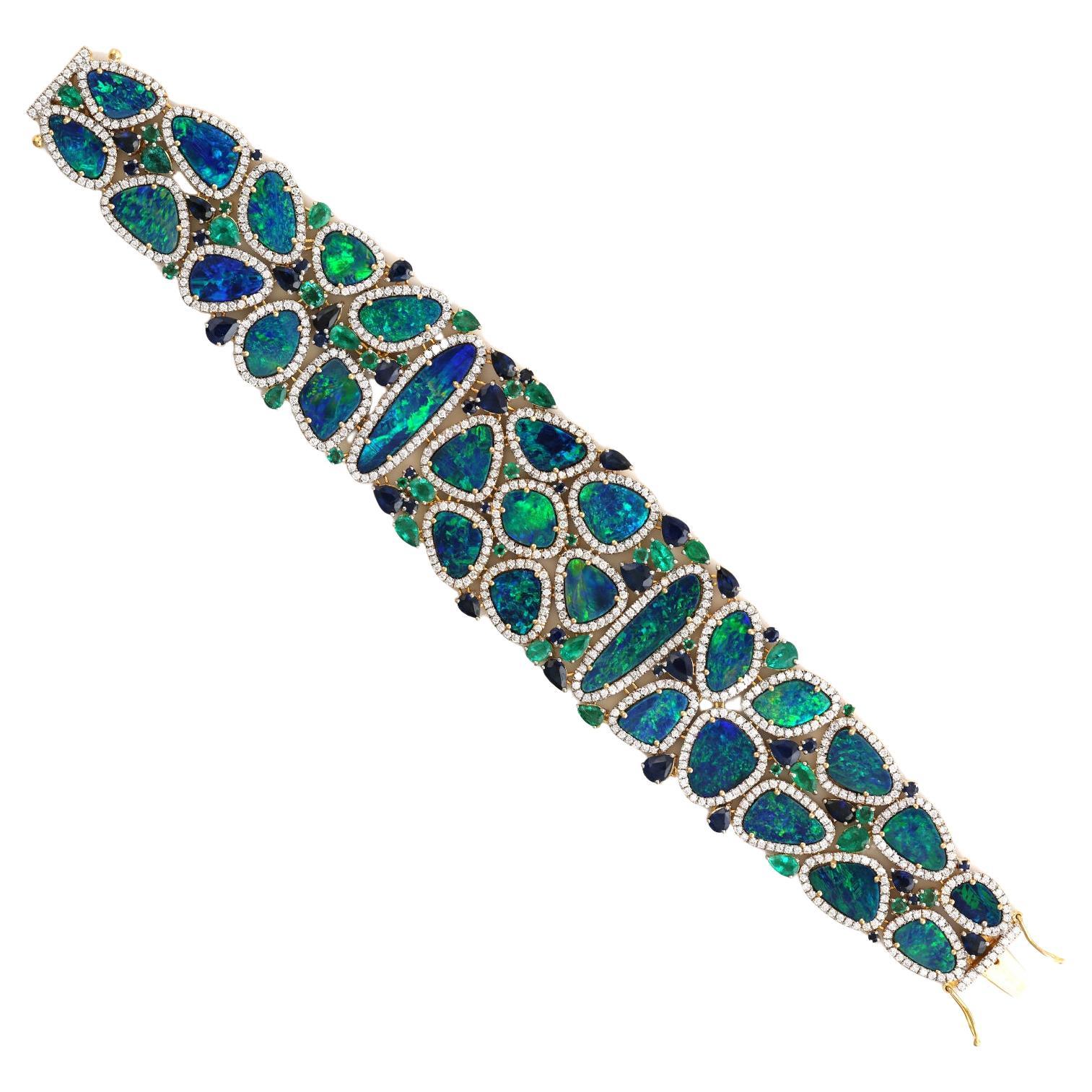 Doublet Opal & Blue Sapphire Bracelet Accented With Emerald & Diamonds For Sale