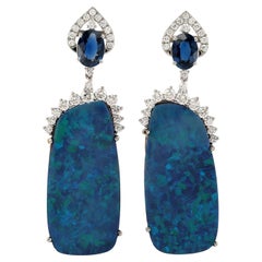 Doublet Opal & Blue Sapphire Dangle Earrings With Diamonds In 18k White Gold