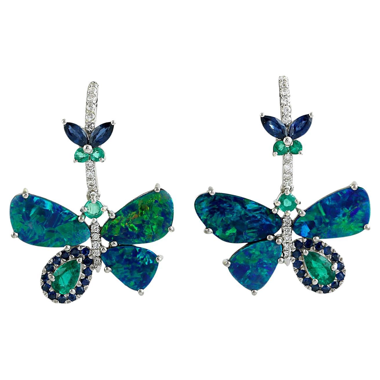 Australian Opal Butterfly Earring Accented With Multi Gemstone & Diamonds
